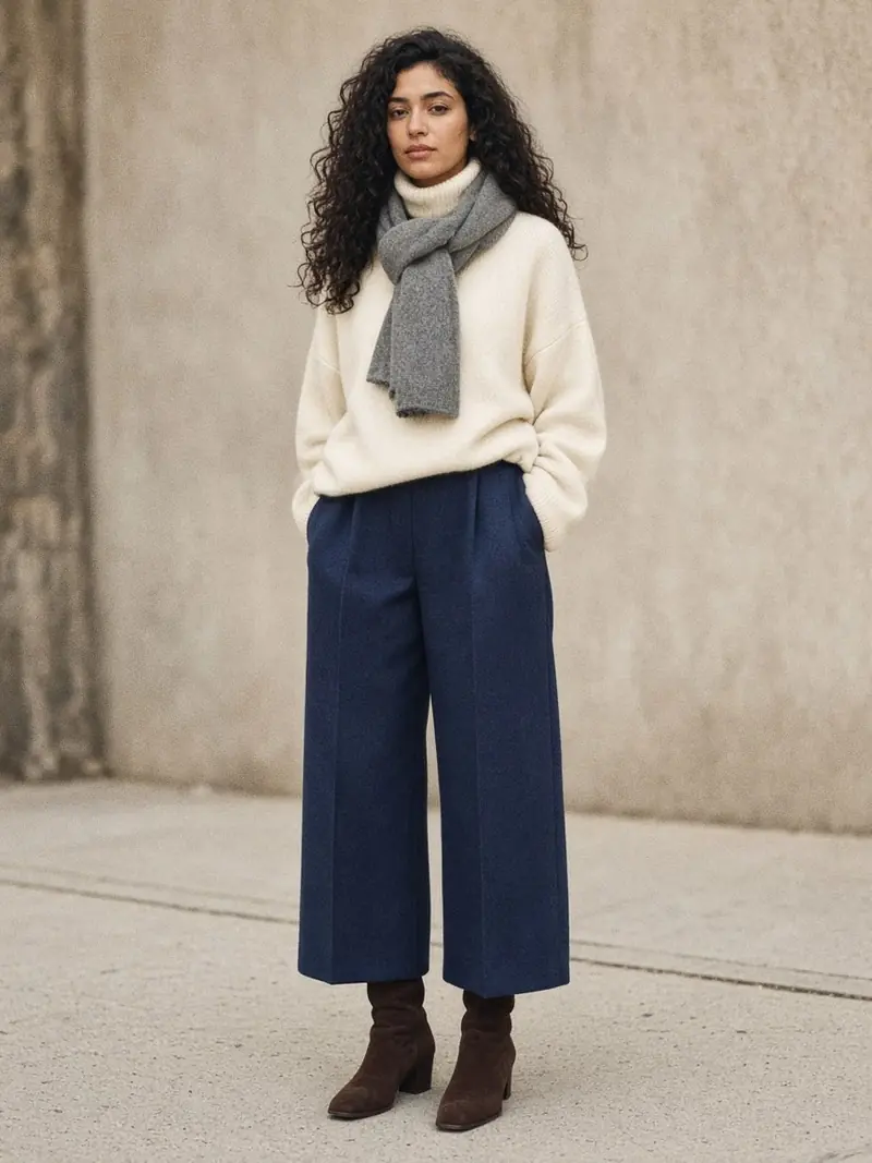 Illustration, mannequin fictif : Femme en pantalon large bleu marine à ourlet court, col roulé crème, bottines plates en velours chocolat à bout carré.