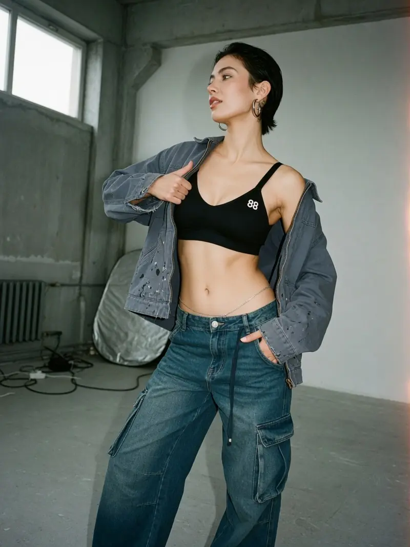 Brassière visible, taille basse : le dosage streetwear qui tient chaud : look 13
