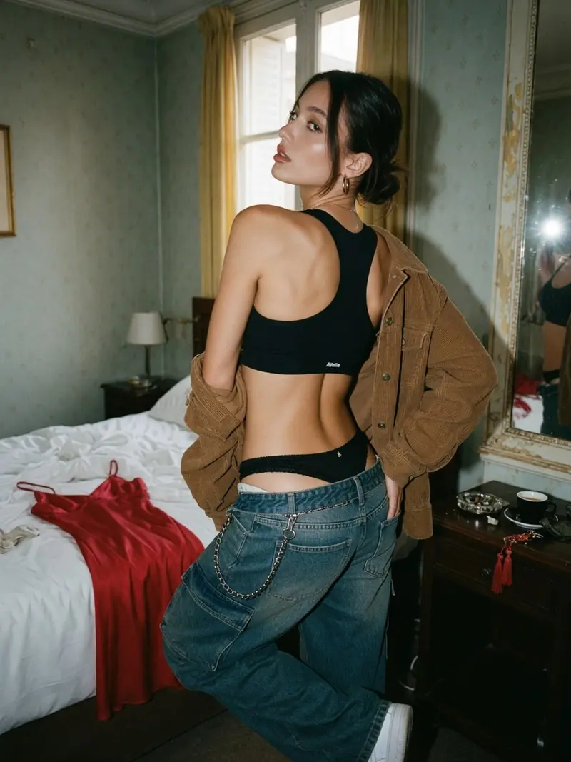 Brassière visible, taille basse : le dosage streetwear qui tient chaud : look 14