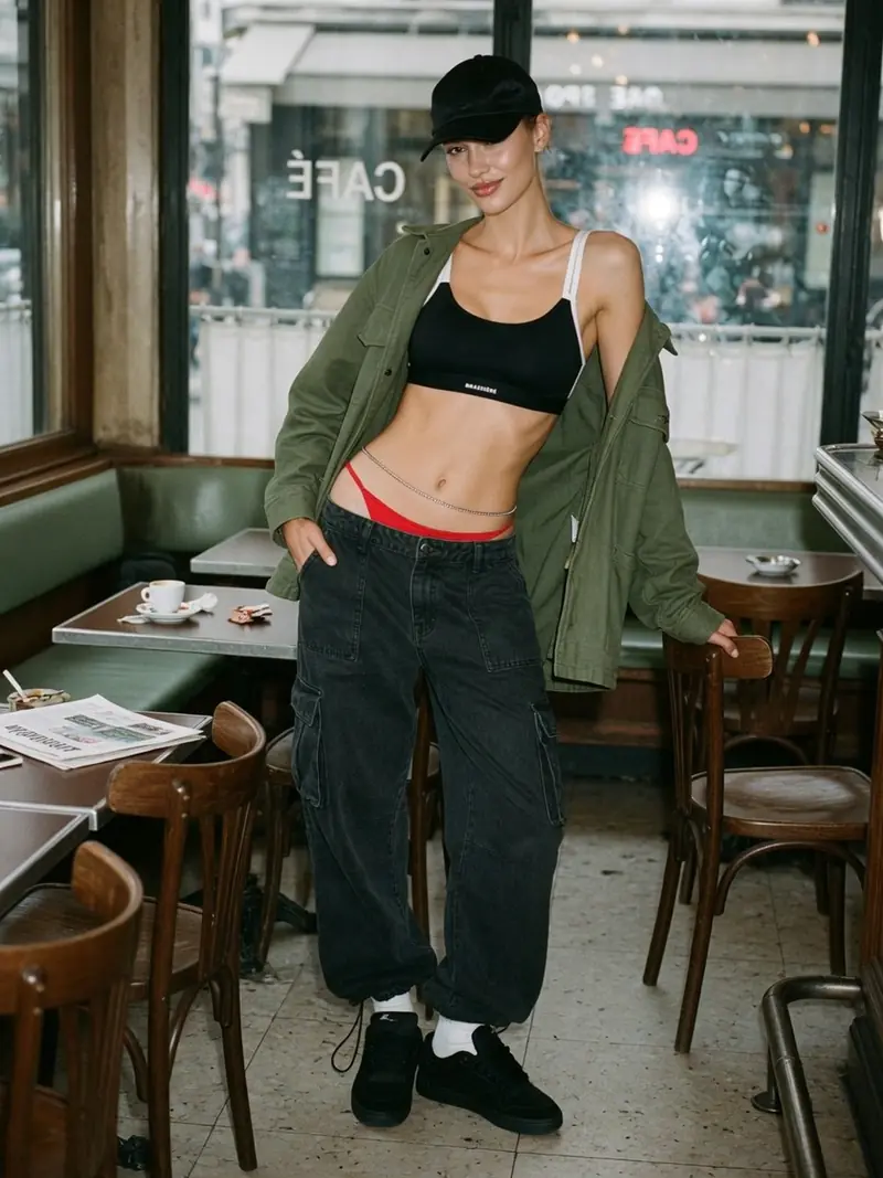 Brassière visible, taille basse : le dosage streetwear qui tient chaud : look 18