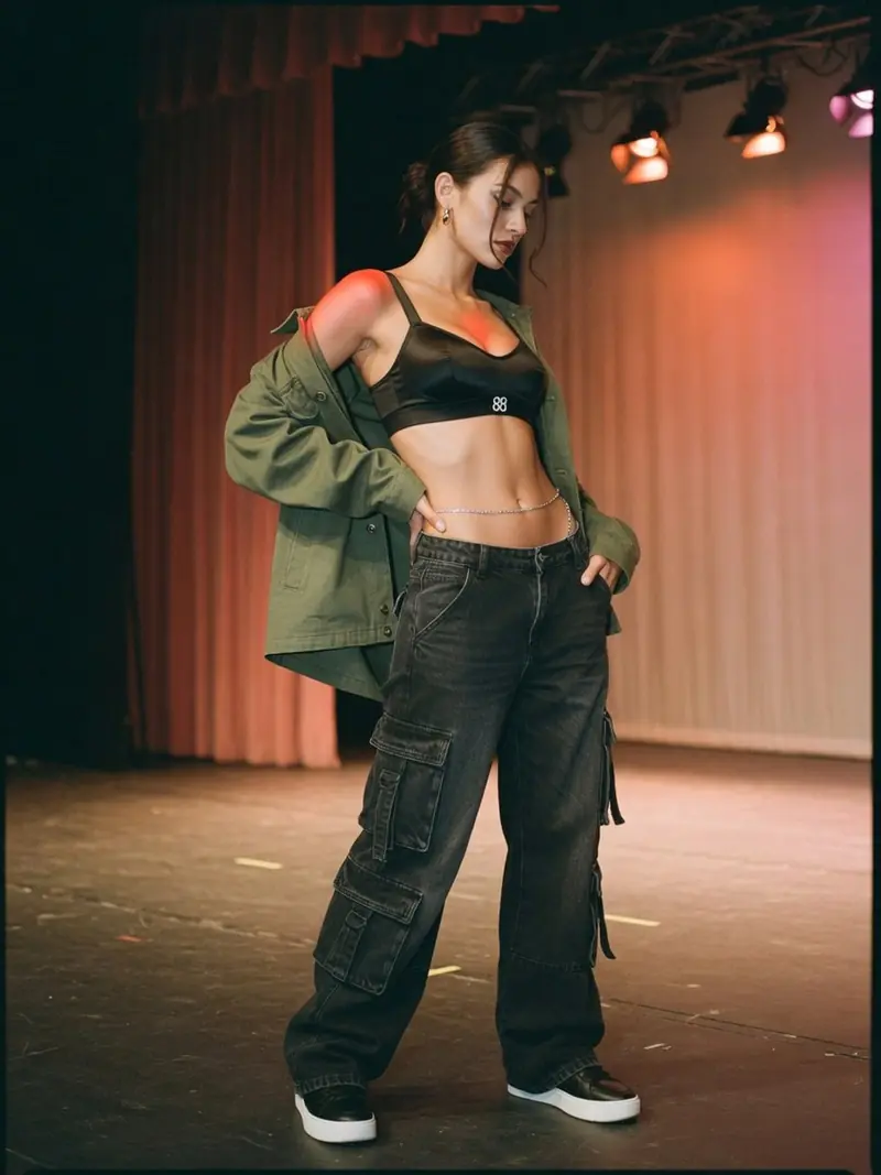 Brassière visible, taille basse : le dosage streetwear qui tient chaud : look 19