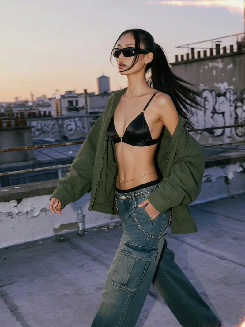 Brassière visible, taille basse : le dosage streetwear qui tient chaud : look 4