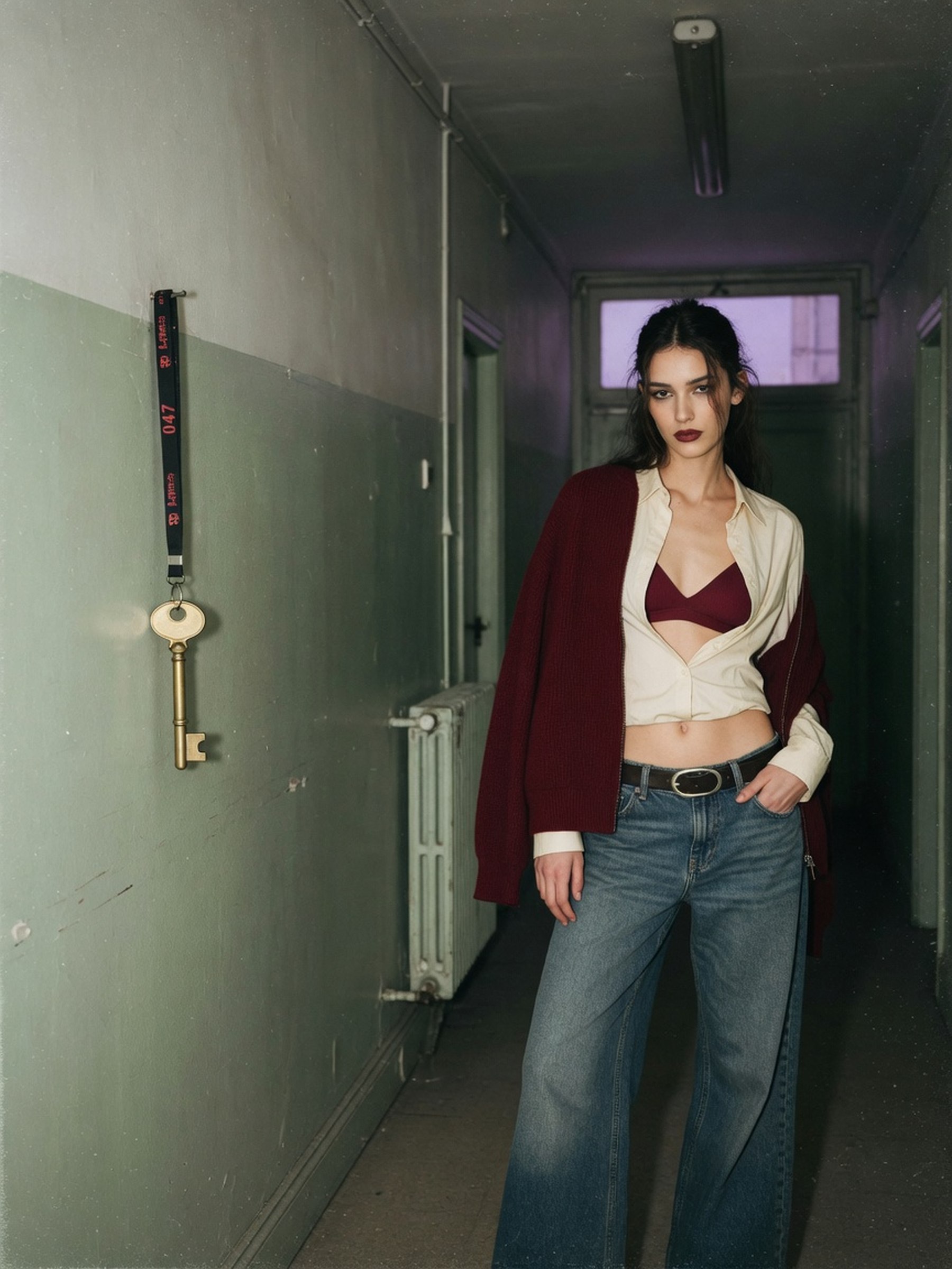 Silhouette streetwear automnale associant brassière apparente, superposition de couches et coupes larges