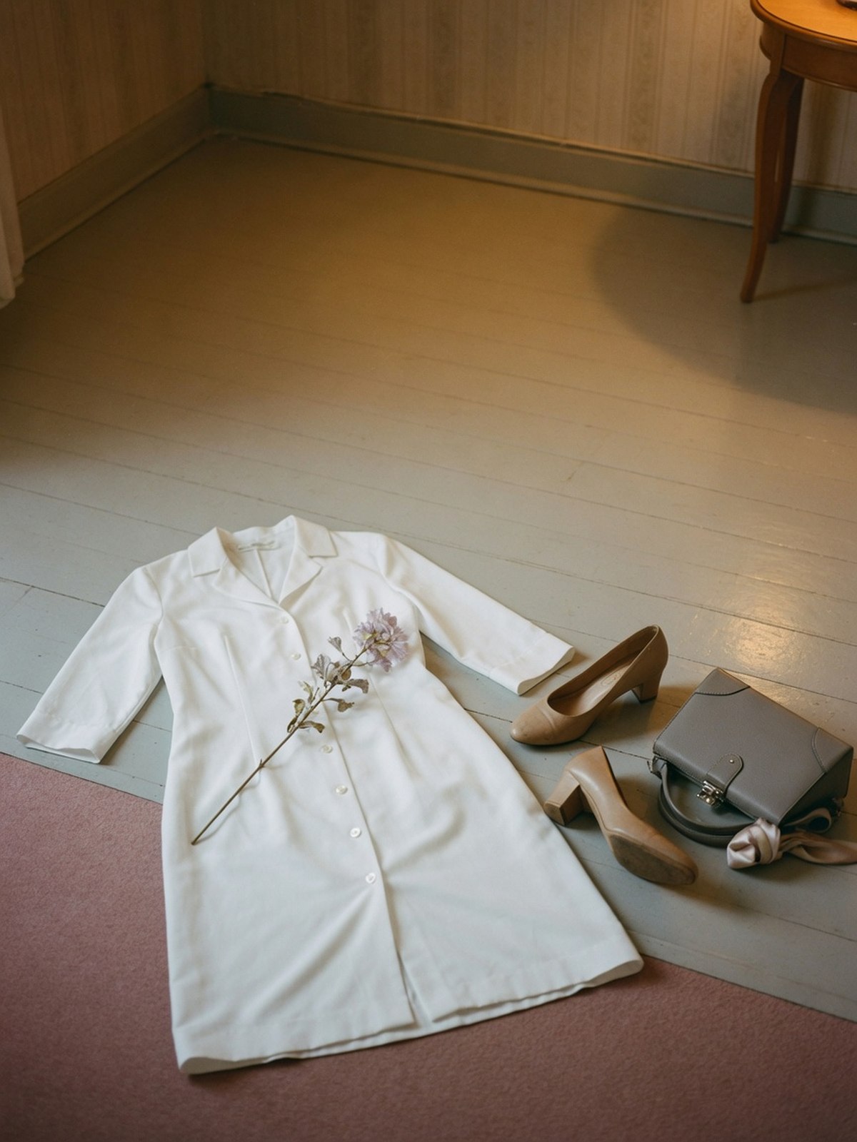 Détail d'une robe blanche droite à manches trois-quarts et empiècement boutonné, posée à plat avec des escarpins beige et un sac structuré gris.