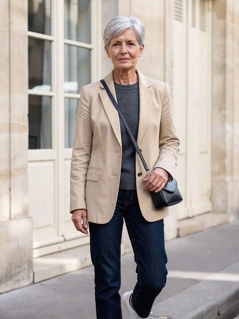 Illustration, mannequin fictif : Femme en jean brut foncé, pull fin gris anthracite, blazer beige souple ouvert et baskets blanches en cuir.