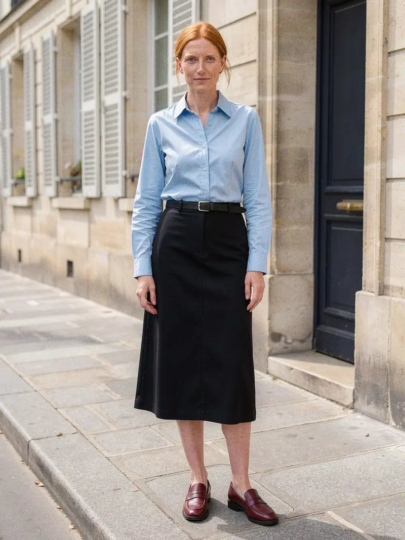 Illustration, mannequin fictif : Femme en chemise bleu clair rentrée dans une jupe midi noire droite, ceinture fine et mocassins bordeaux.