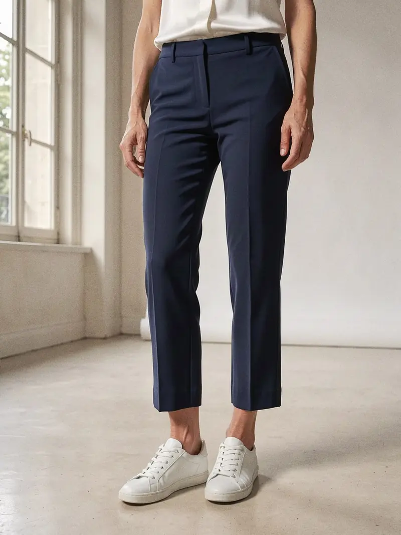 Illustration, mannequin fictif : Gros plan sur des baskets basses en cuir blanc lisse portées avec un pantalon de ville marine raccourci.