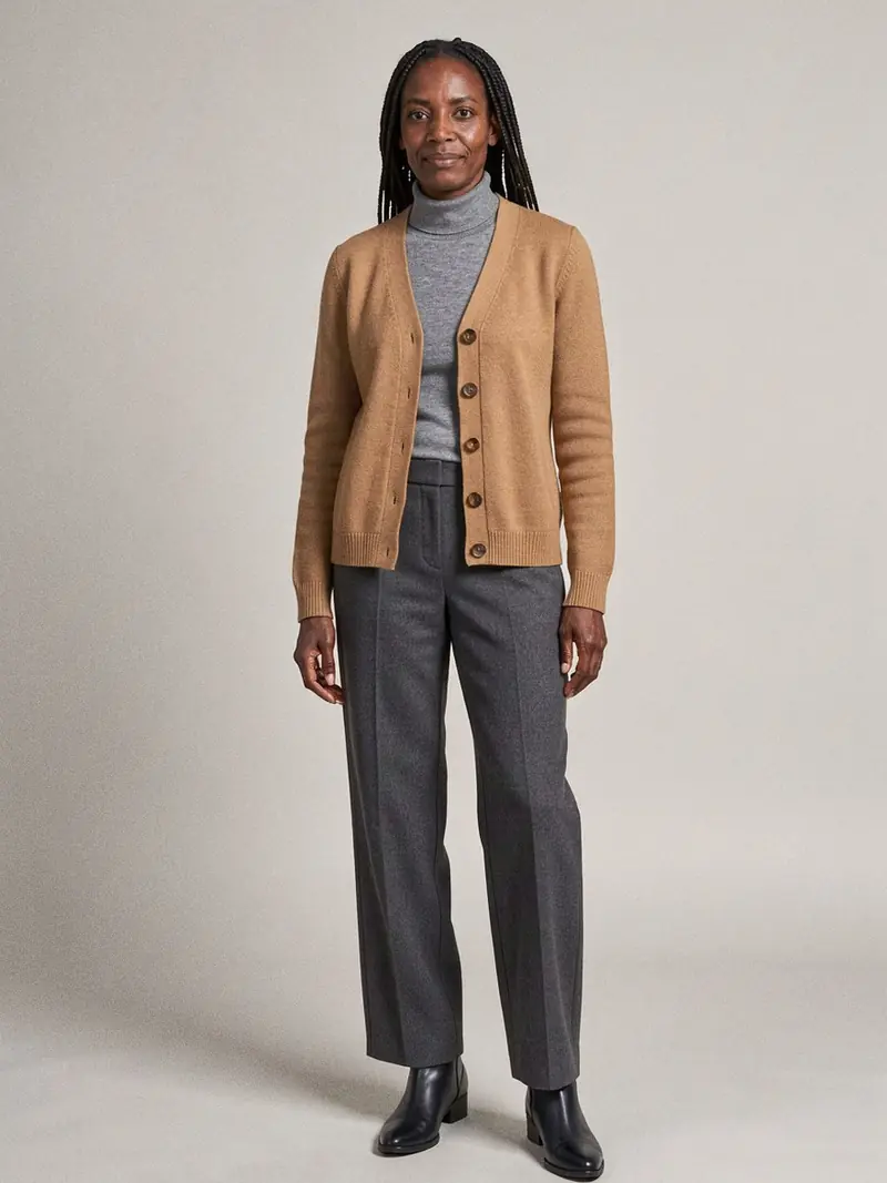 Illustration, mannequin fictif : Femme en cardigan camel structuré, col roulé fin gris, pantalon de laine anthracite large et bottines noires.