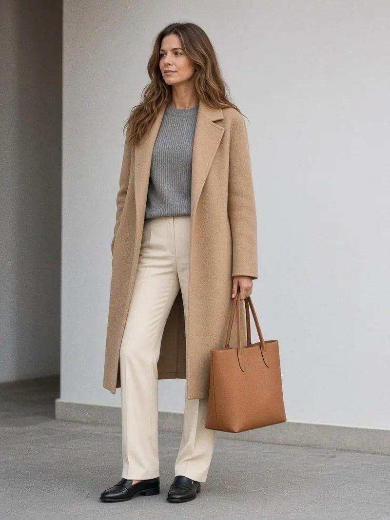 Illustration, mannequin fictif : Femme en manteau de laine camel ouvert sur un pull gris côtelé et un pantalon droit crème, mocassins noirs et grand sac en cuir.