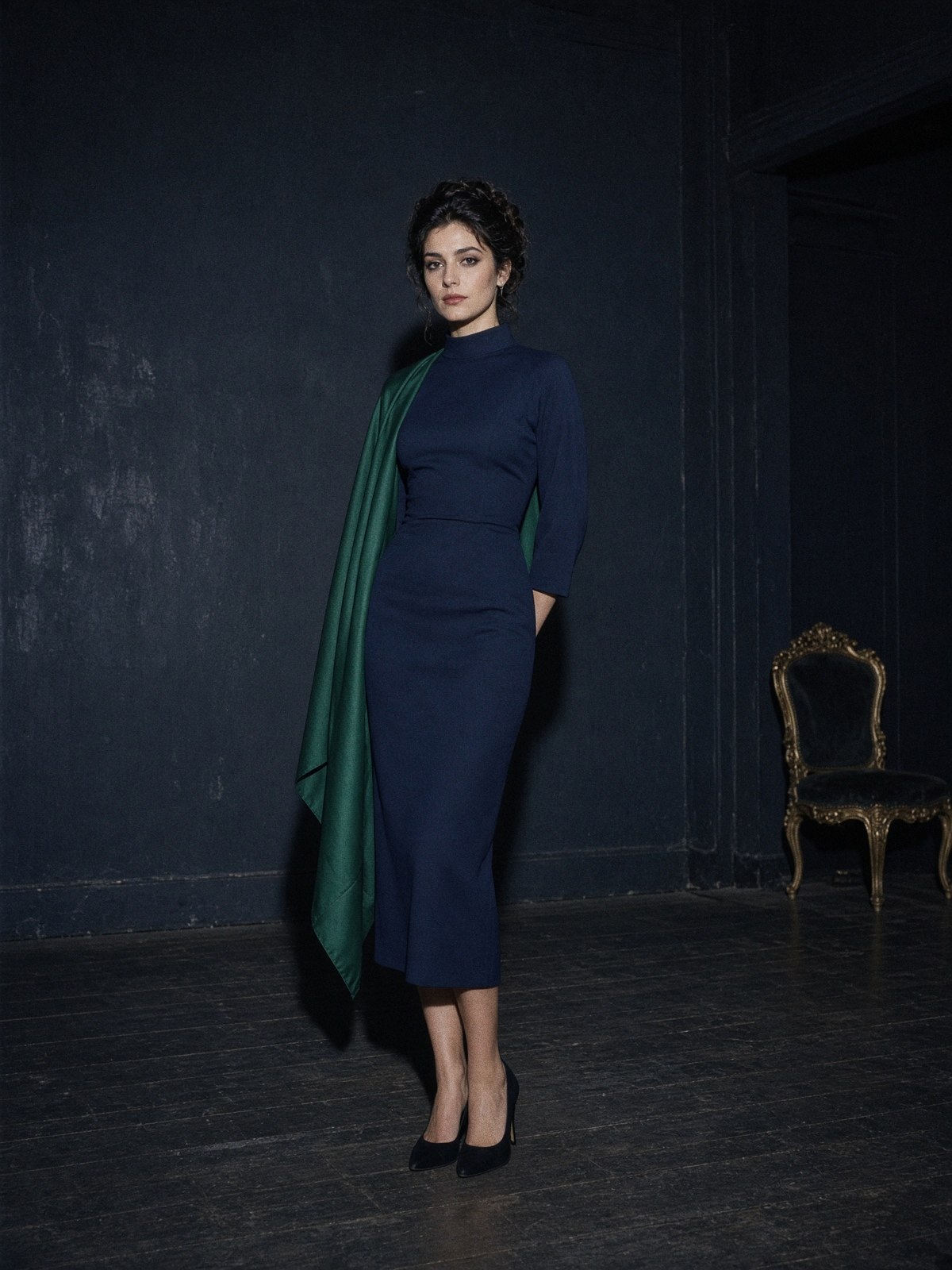 Mannequin en robe midi bleu nuit, talons fermés et étole de soie verte sur une scène nue