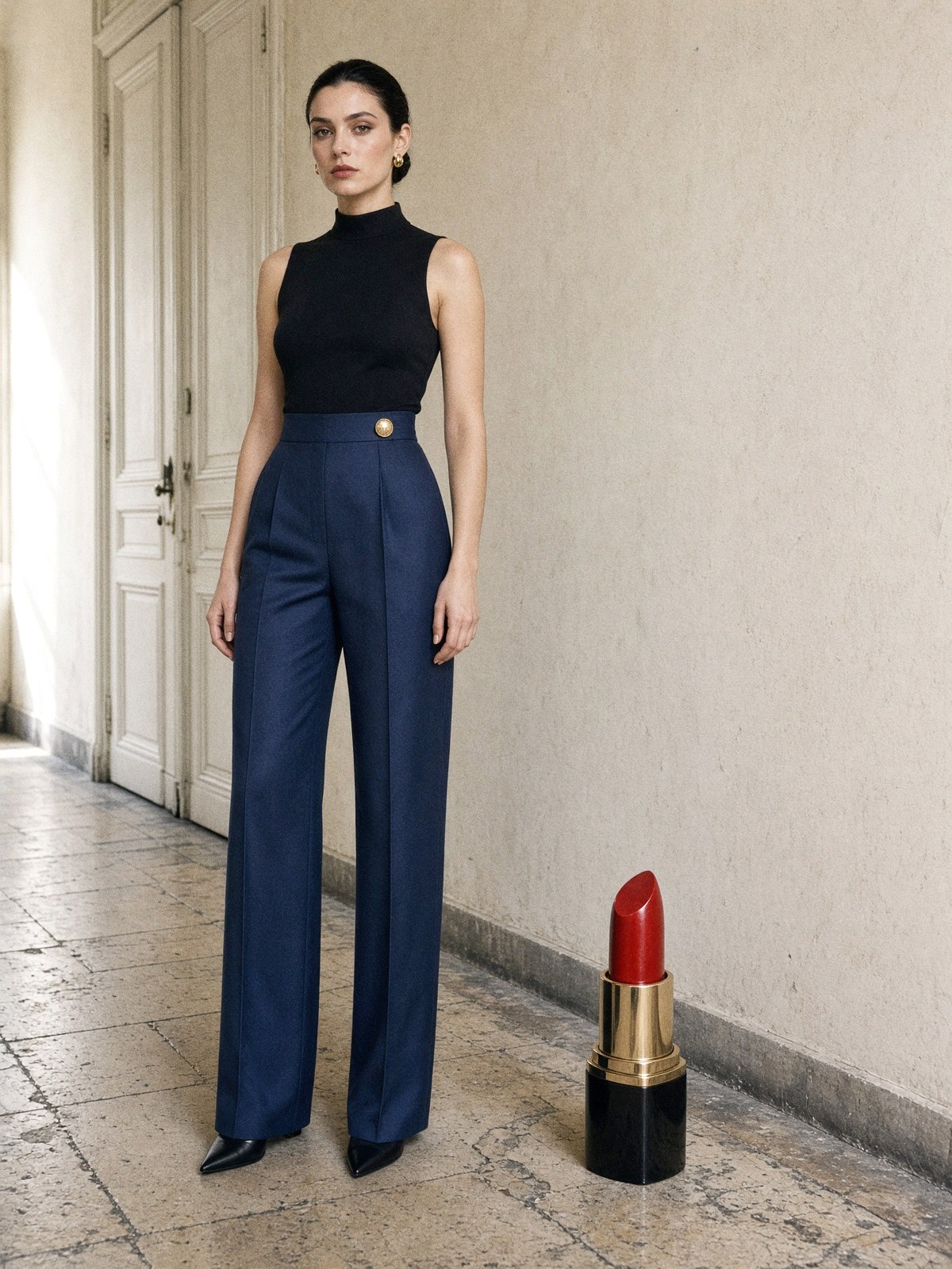 Mannequin en pantalon bleu marine ajusté et haut noir sans manches, couloir d'hôtel au crépuscule