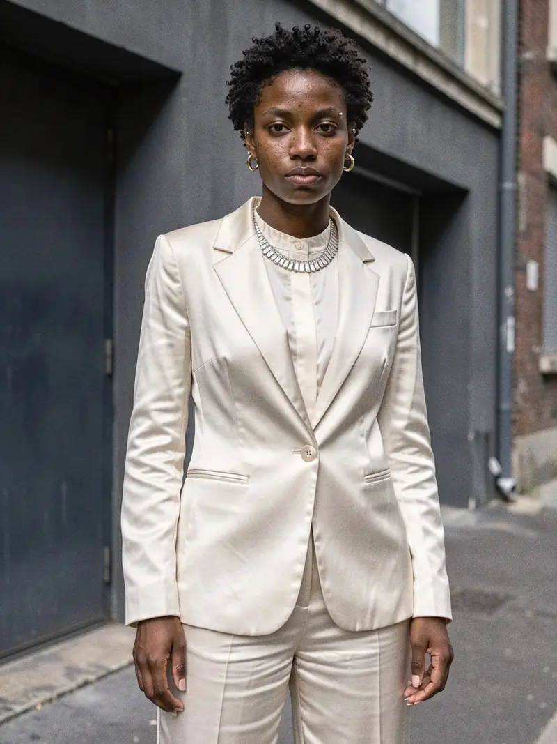 Illustration, mannequin fictif : Femme en tailleur pantalon de soie ivoire portant un collier ligne composé de très nombreuses petites pierres claires serties à plat sur la clavicule.