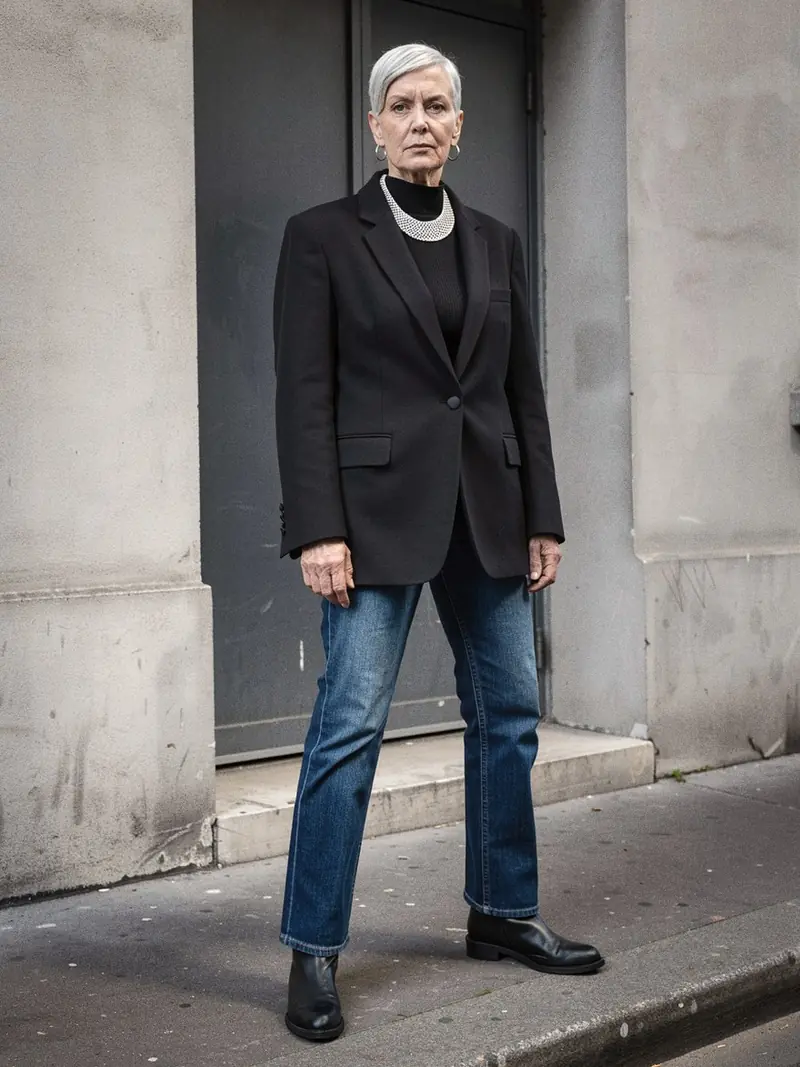 Illustration, mannequin fictif : Femme en blazer smoking noir oversize et jean indigo droit, portant un large collier souple en maille de métal blanc couvert de pierres claires minuscules.