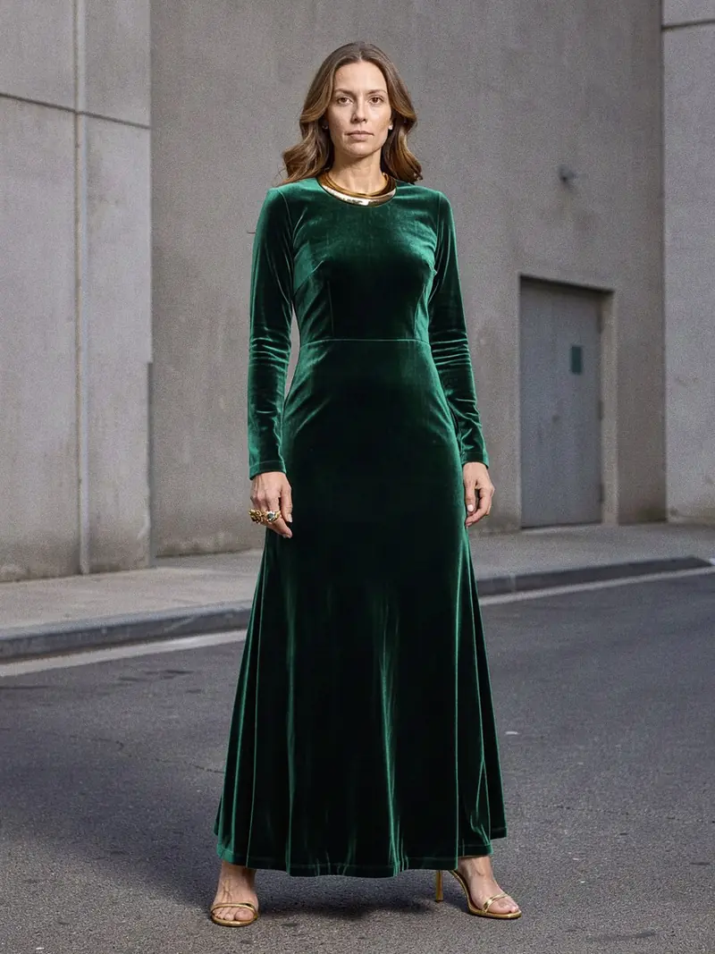 Illustration, mannequin fictif : Femme en longue robe fourreau de velours vert émeraude à manches longues, portant un collier plastron en or poli et une large bague à motif félin.