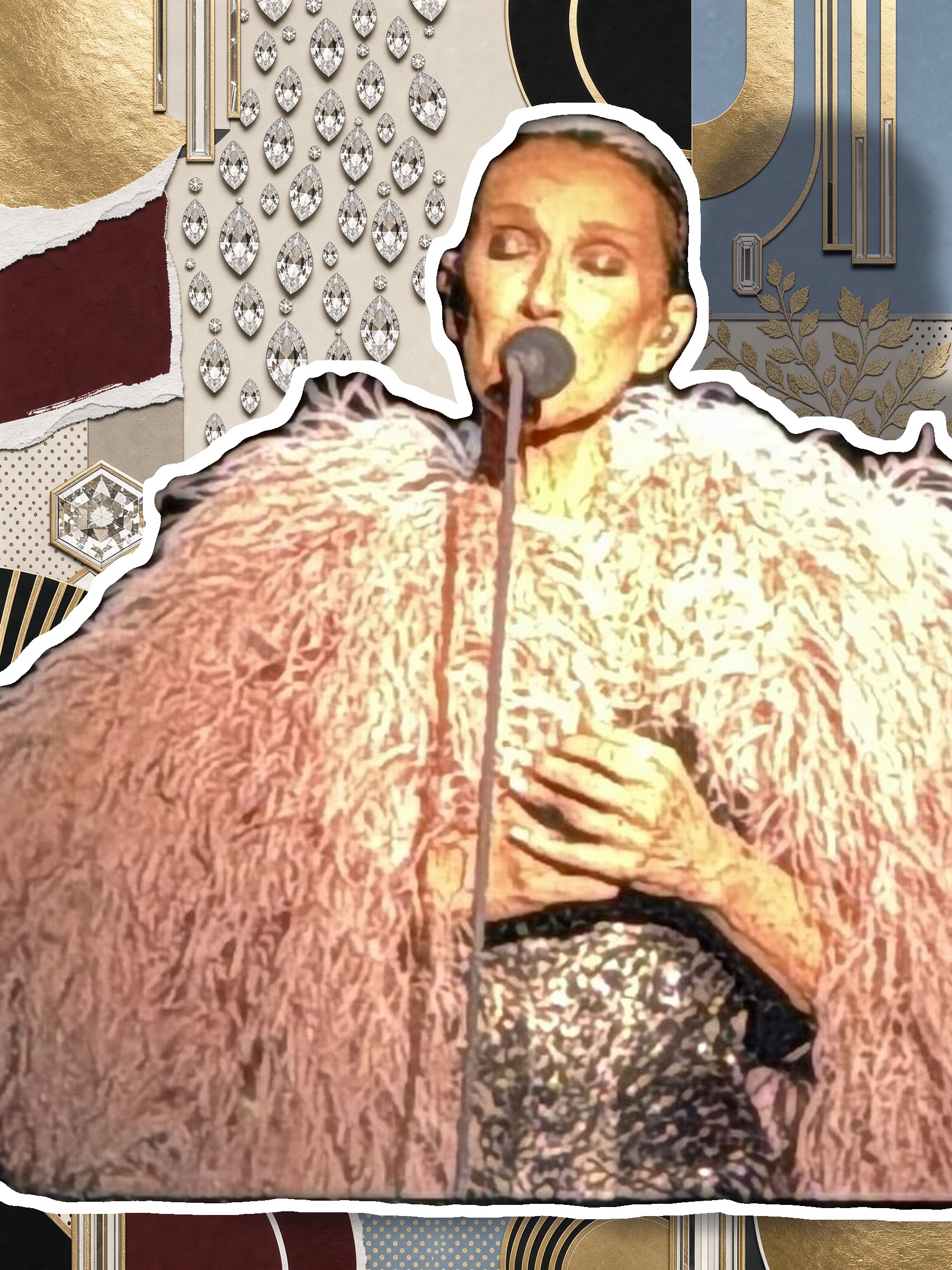 Céline Dion sur scène lors d'un concert, portrait en pied.