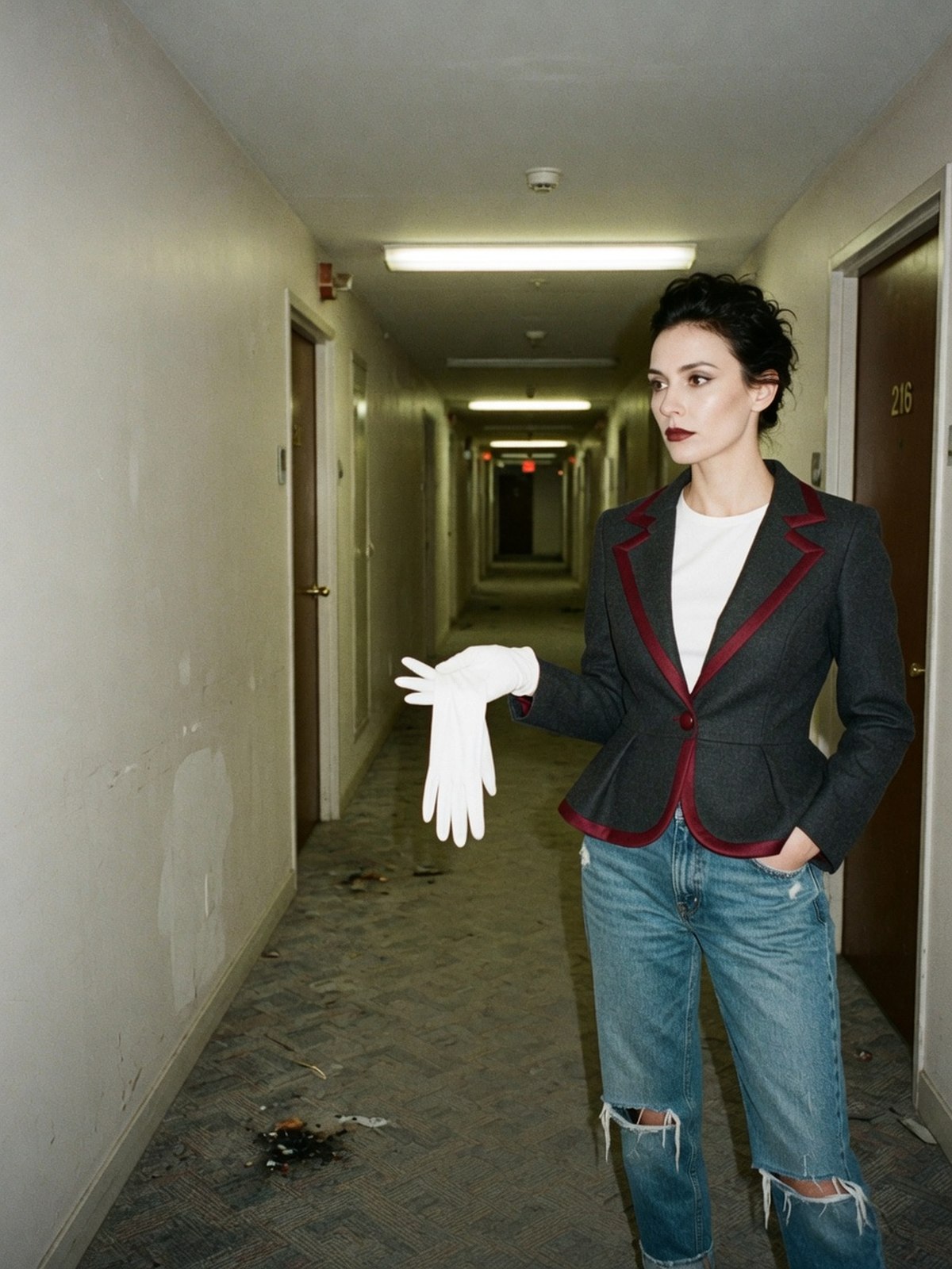 Silhouette illustrant comment porter une veste péplum structurée avec un jean pour un usage quotidien.