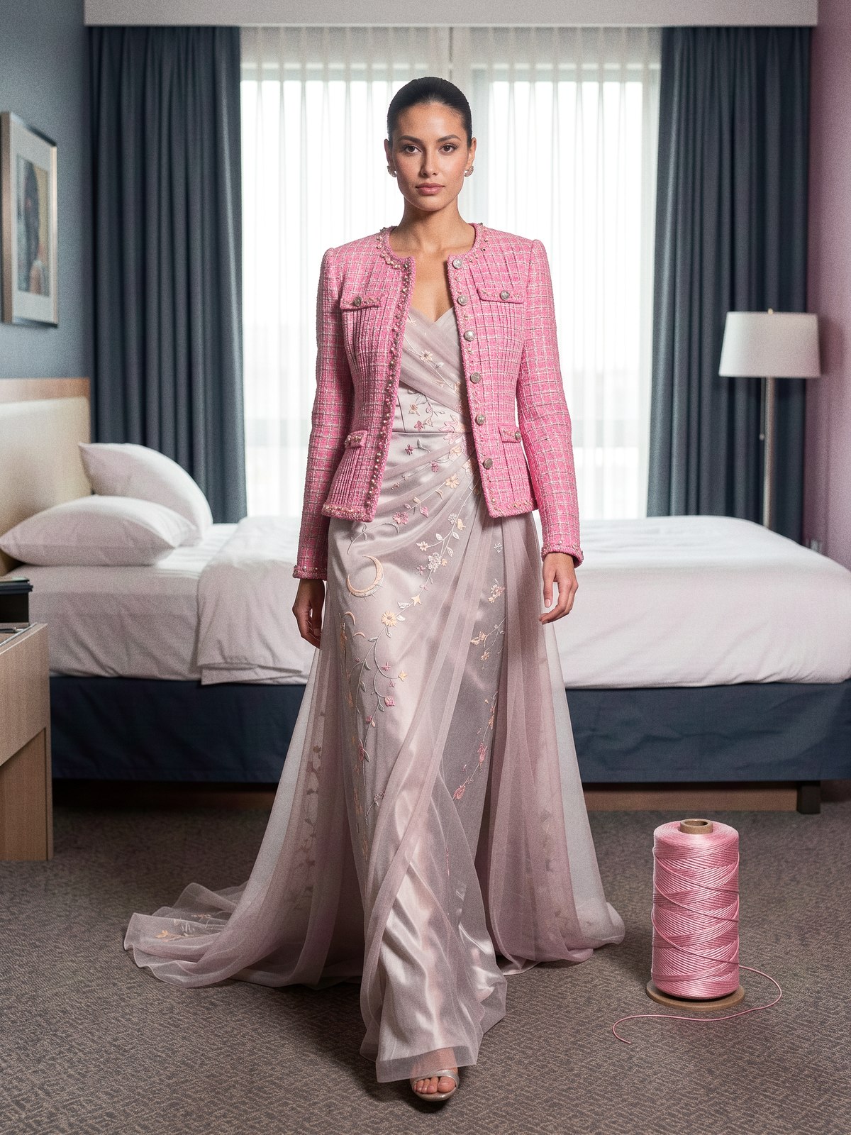 Mannequin en veste de tweed rose aux plis smockés visibles, bras plié pour montrer la souplesse du tissu