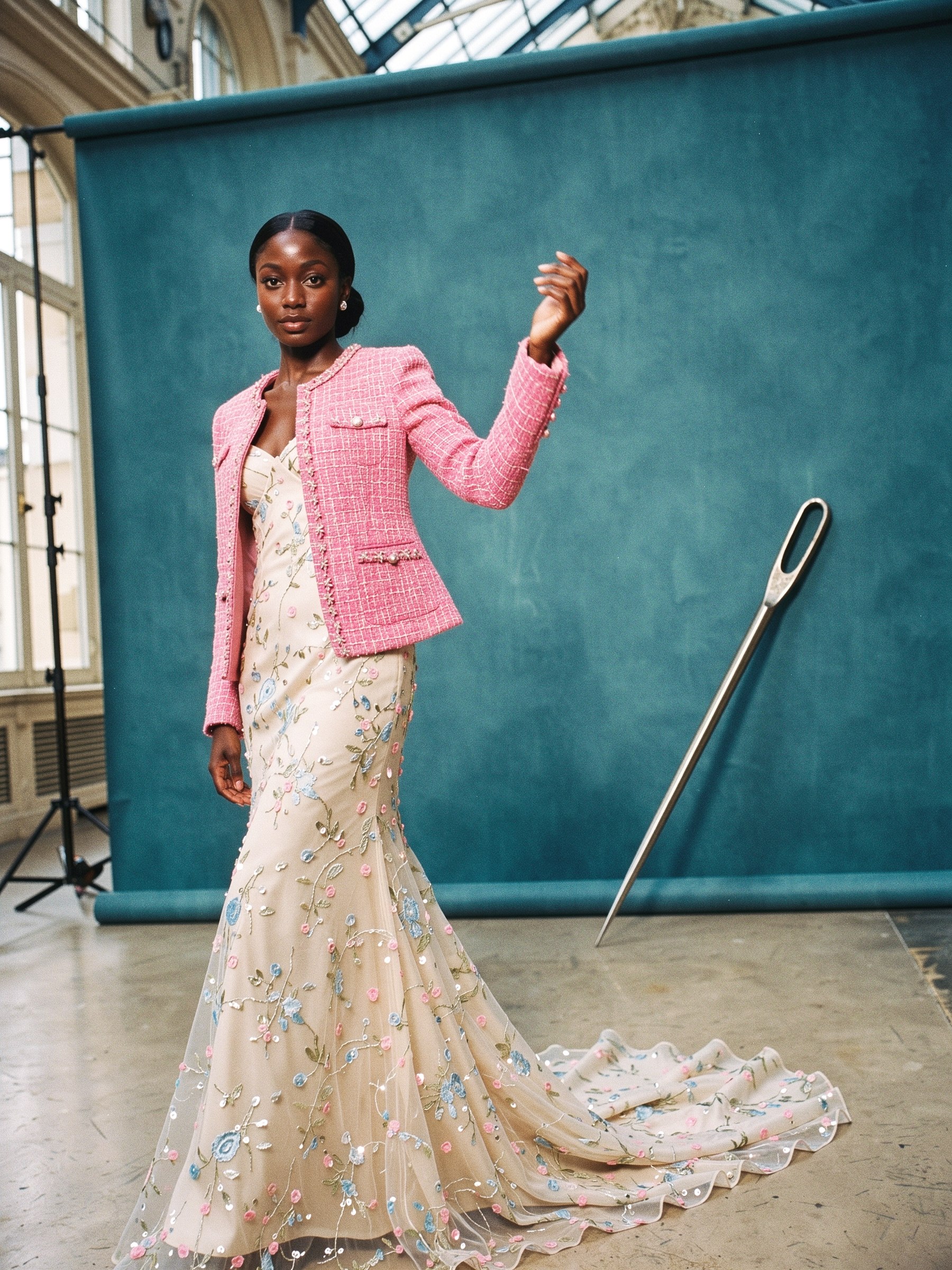 Mannequin de mode portant une veste de tweed rose et noir aux plis smockés, lumière de studio directe, fond sombre