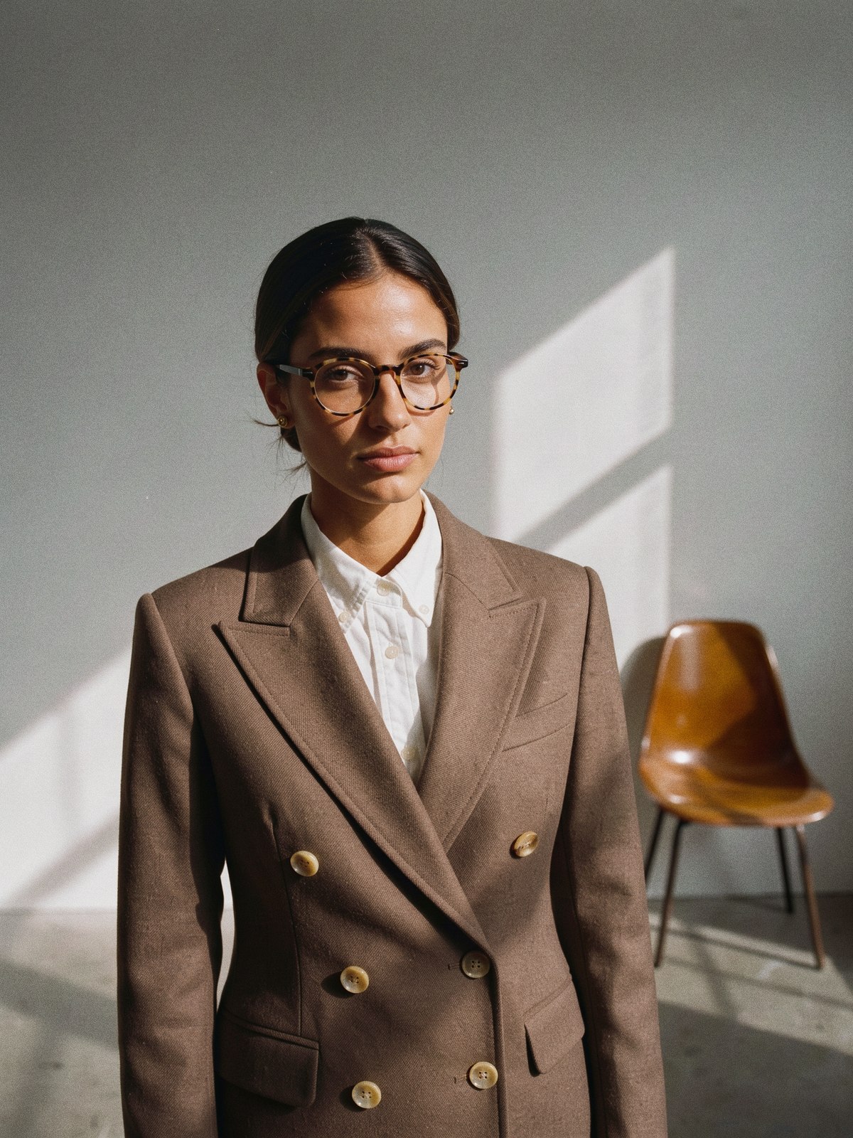 Mannequin en tailleur croisé marron taupe et lunettes de vue rondes à monture fine en écailles