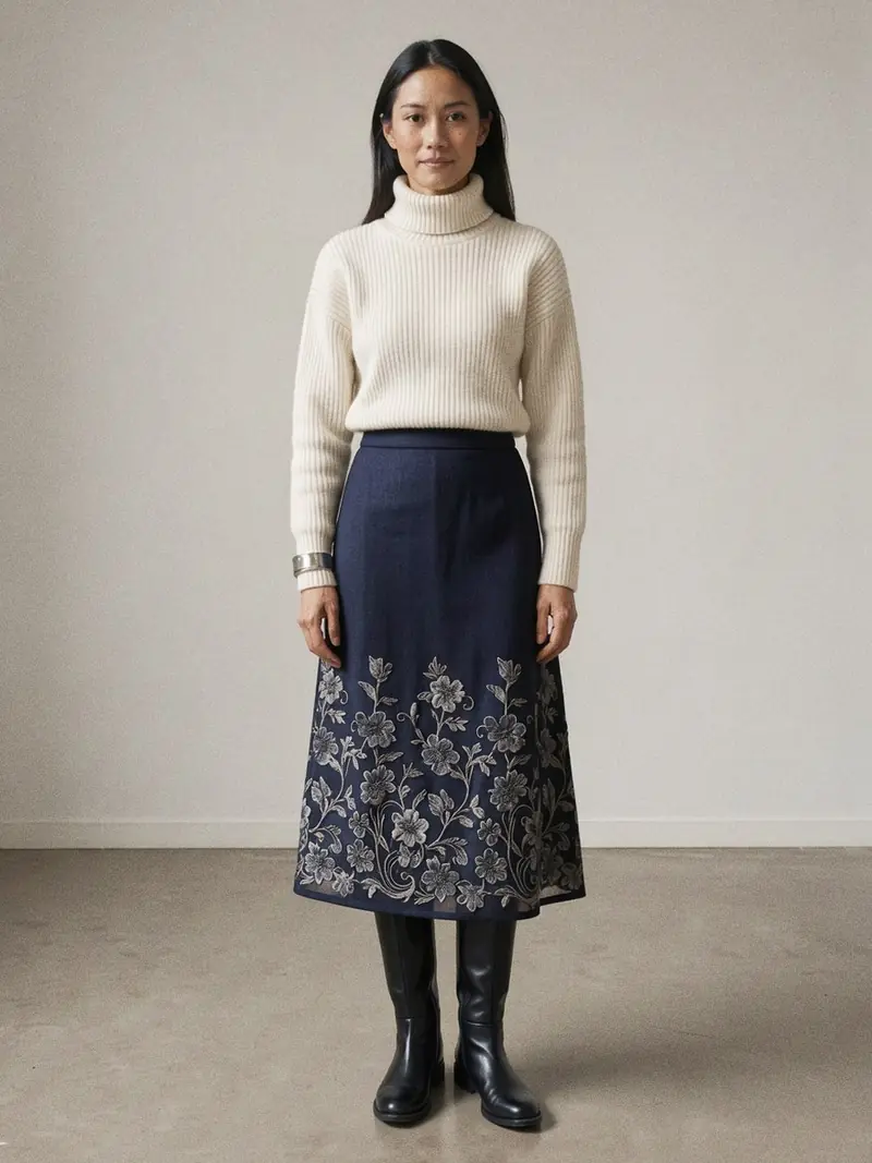 Illustration, mannequin fictif : Femme en gros pull à col roulé ivoire et jupe longue bleu nuit dont le bas est en tissu transparent brodé, avec des bottes noires hautes.