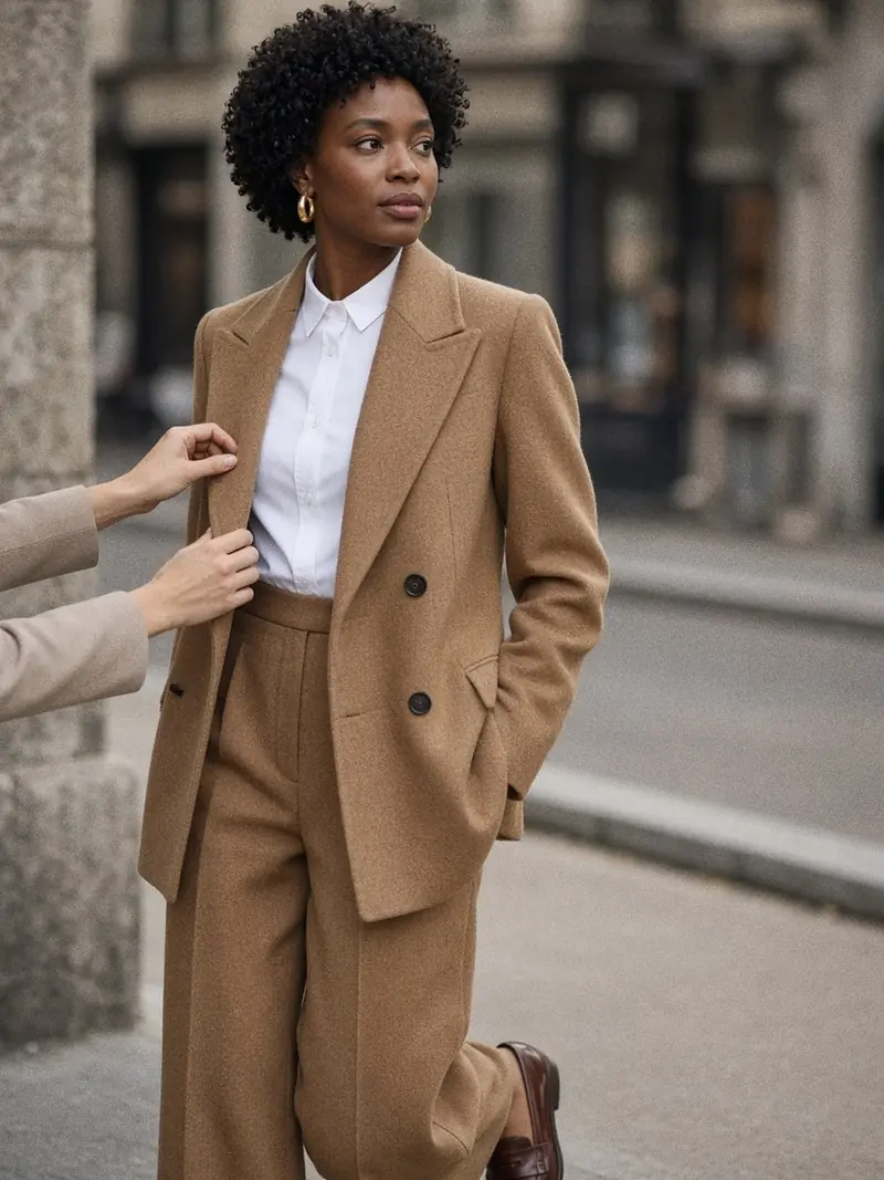 Illustration, mannequin fictif : Une jeune femme adulte en tailleur pantalon camel et chemise blanche se tient debout en loge pendant qu'une habilleuse ajuste le revers de sa veste.