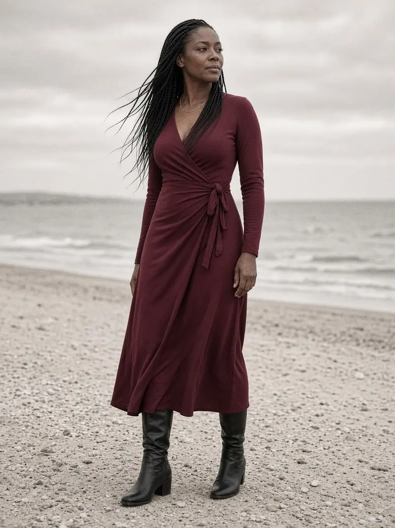 Illustration, mannequin fictif : Une femme à la silhouette ronde et naturelle pose debout dans une robe portefeuille longue à manches longues avec des bottes noires.