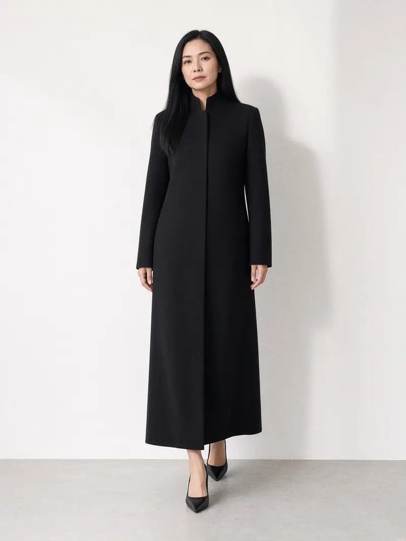 Illustration, mannequin fictif : Une mannequin à la carrure athlétique défile en robe-manteau noire longue et droite avec des escarpins pointus noirs, cheveux tirés en chignon bas.