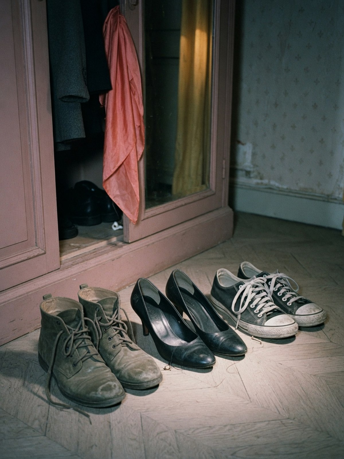 Trois paires de chaussures déjà portées, bottines à lacets, escarpins unis et baskets monochromes, alignées au sol devant un dressing ouvert