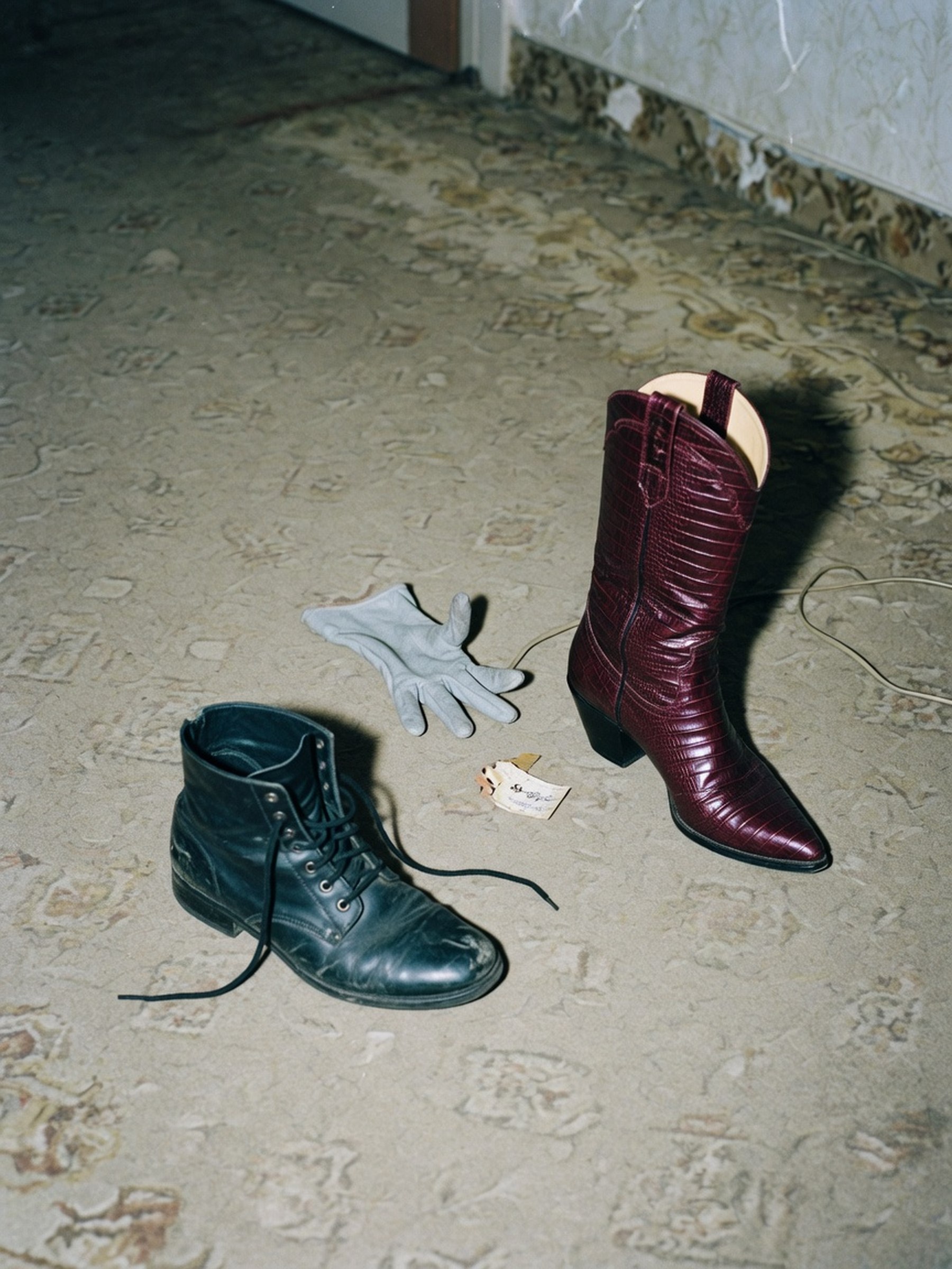 Nature morte de deux paires de chaussures posées sur un sol de chambre, une bottine à lacets usée face à une botte western neuve à empiècement contrasté