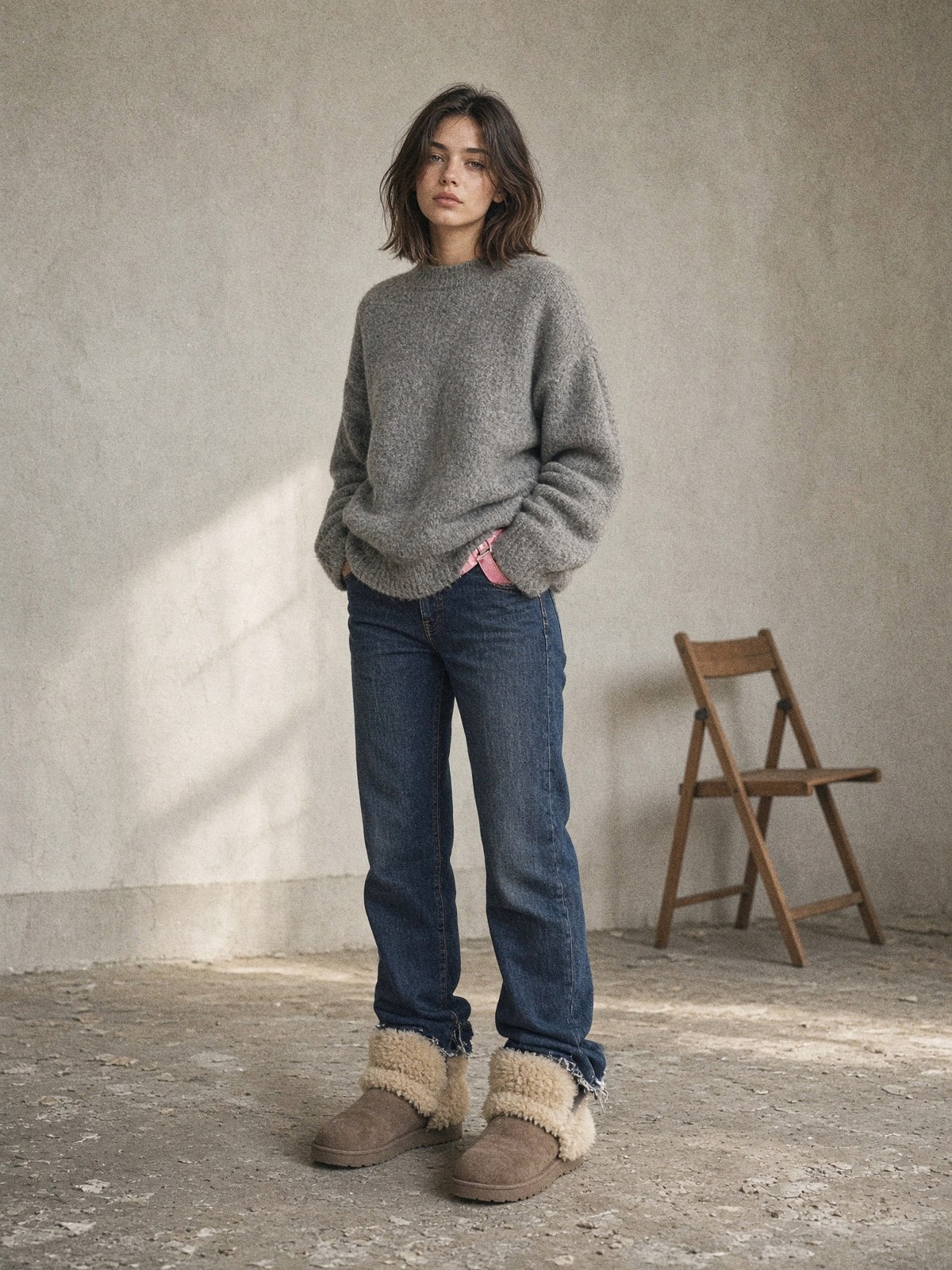 Mannequin en mules crème à doublure fourrée, jean brut dont l'ourlet casse sur le pied et maille grise large