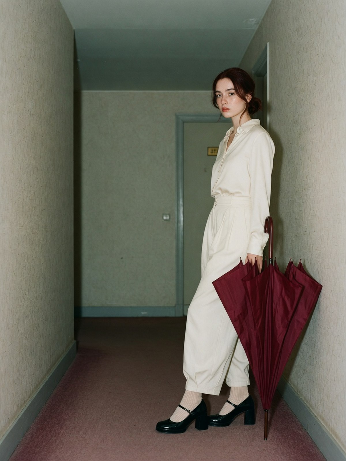 Jeune femme de face, visage entièrement visible, portant des Mary Janes vernies avec des chaussettes fines et un pantalon large crème dans un couloir d'hôtel