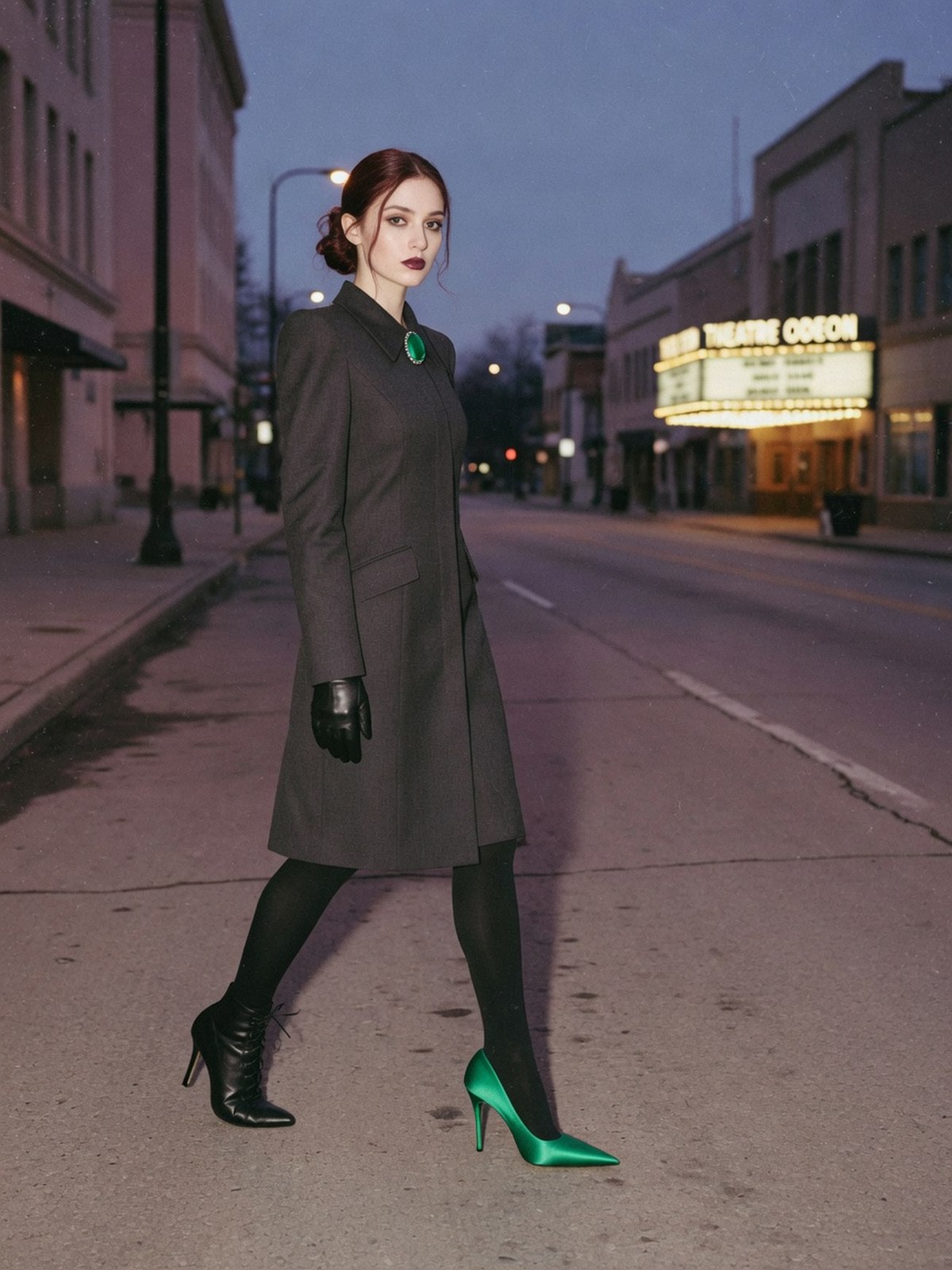 Jeune femme de profil, visage entièrement visible, portant des glove shoes dans une rue au crépuscule avec une enseigne de théâtre allumée au loin