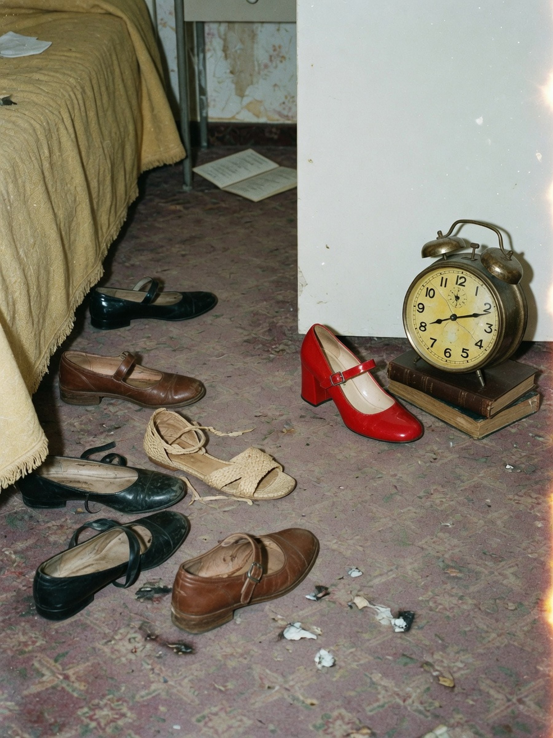 Nature morte de plusieurs paires de chaussures posées au sol d'une chambre d'hôtel, ballerine rouge en évidence