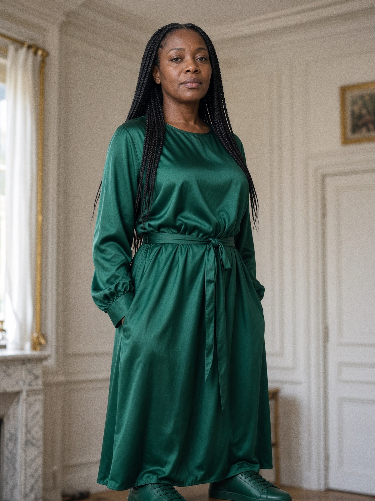 Mannequin en robe mi-longue en satin mat vert émeraude et baskets basses en cuir lisse du même ton, dans une grange