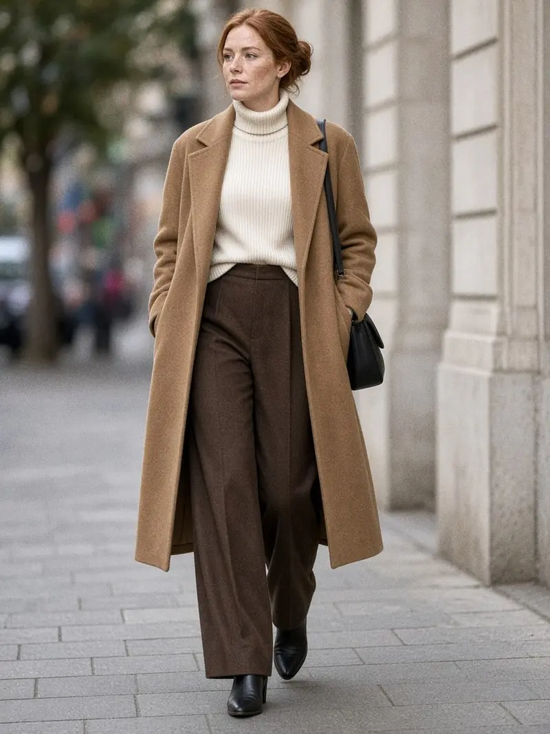 Illustration, mannequin fictif : Femme en col roulé crème fin et pantalon large marron sous un long manteau camel ouvert, vue en pied dans la rue.