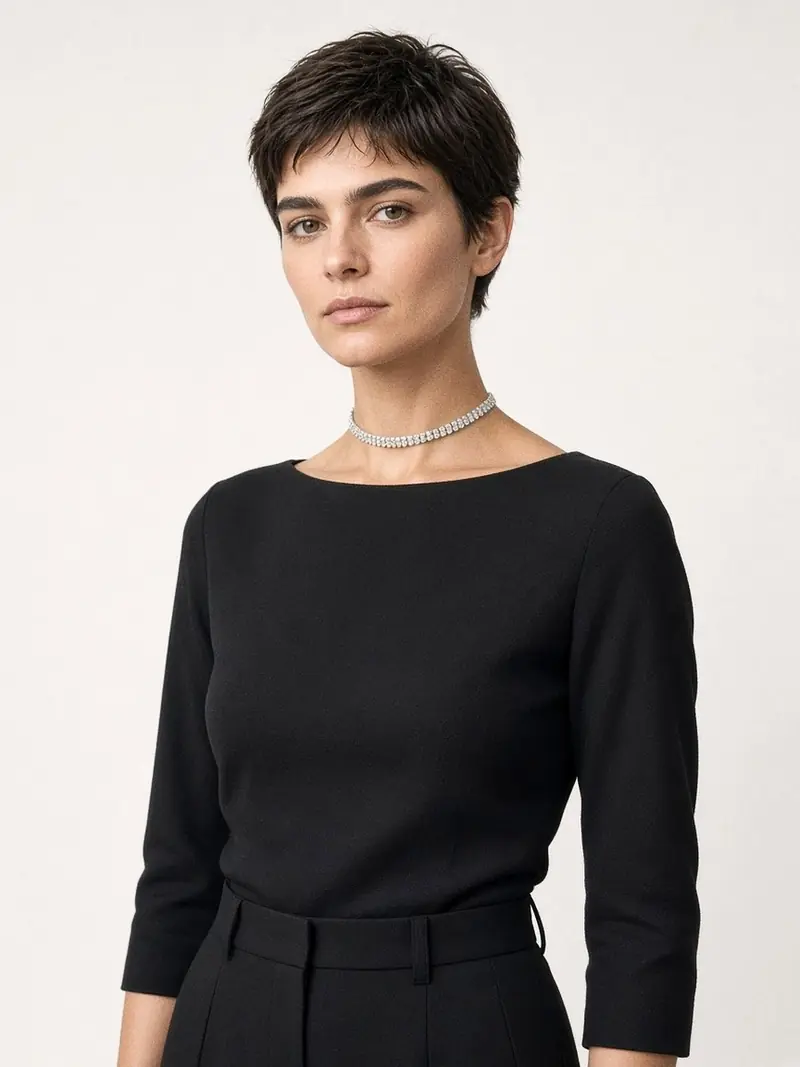 Illustration, mannequin fictif : Femme en haut noir à encolure bateau, portant un ras-du-cou fin en diamants baguettes sans pendentif.
