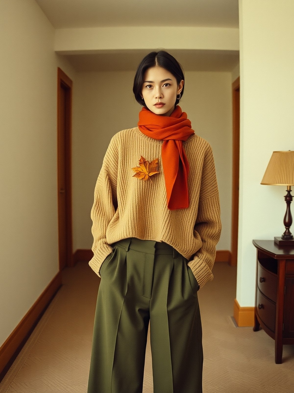 Mannequin en pull camel et pantalon olive, silhouette automne doux en mono-chromatisme