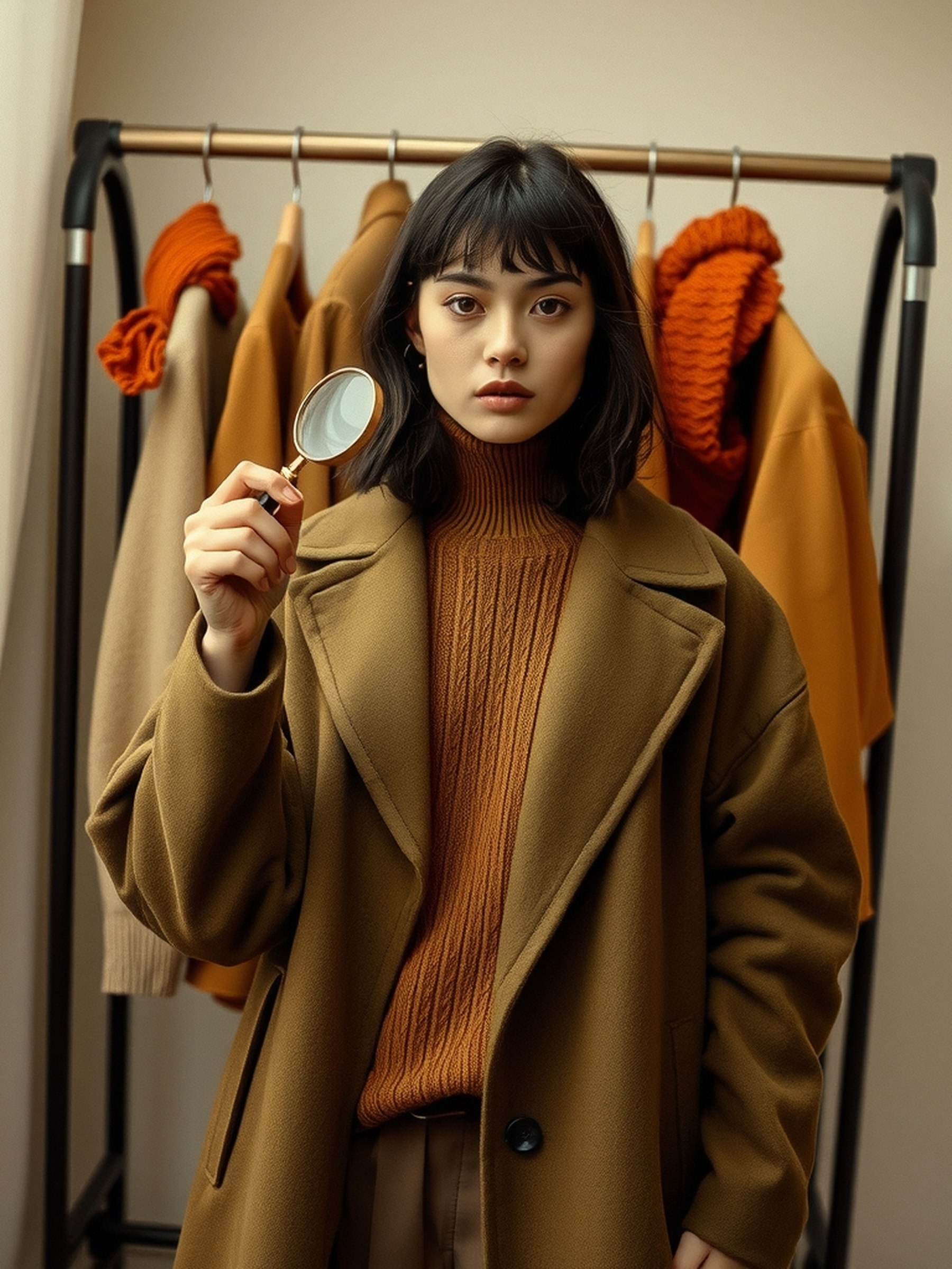 Mannequin examinant un portant de vêtements aux teintes automne doux, olive et camel