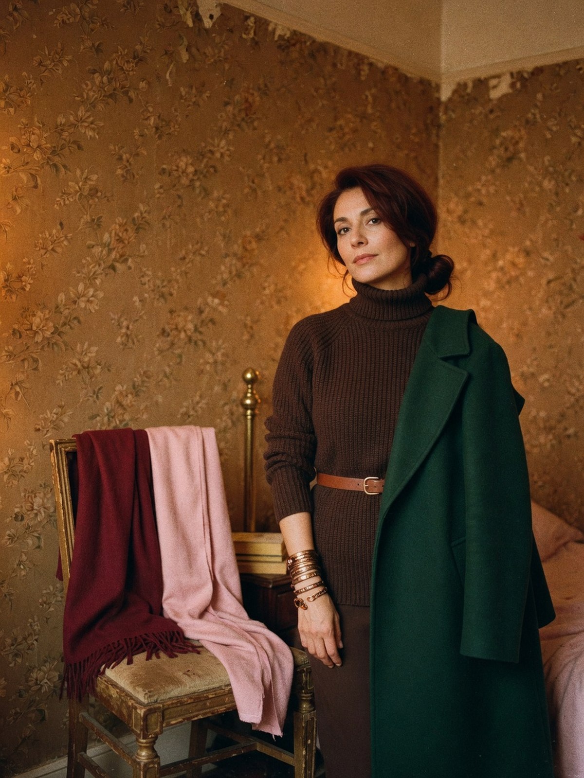 Mannequin en pull chocolat et manteau vert bouteille, ceinture cognac et bijoux dorés, à côté d'une écharpe bordeaux et d'une écharpe rose pâle