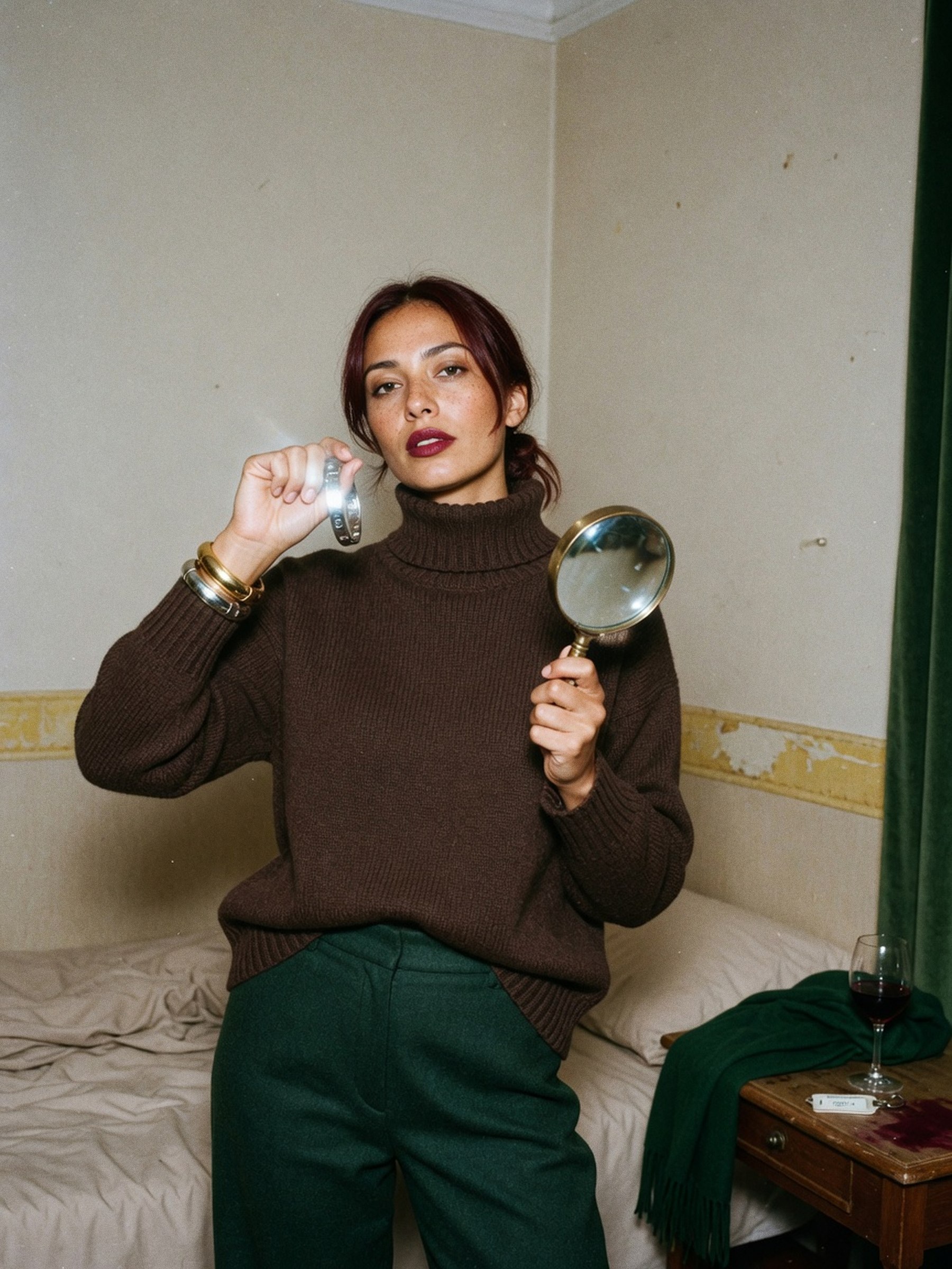 Mannequin en pull bordeaux et bijoux dorés, palette automne profond