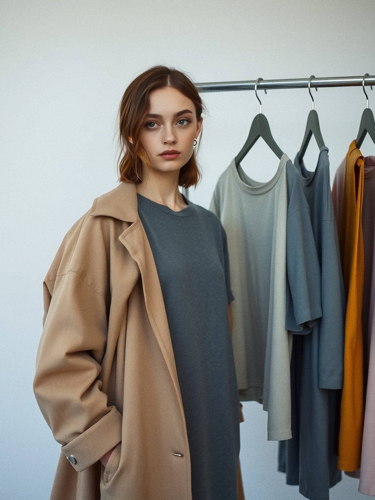 Femme devant une penderie ouverte, triant des vêtements gris-bleu, taupe et rose poudré, un vêtement jaune vif mis à l'écart.
