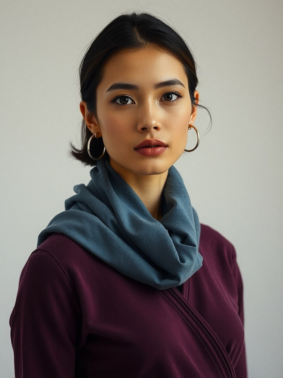 Mannequin porte un pull prune et une écharpe vert sapin bleuté près du visage, déclinaison froide des tendances bordeaux et olive de l'automne-hiver 2026