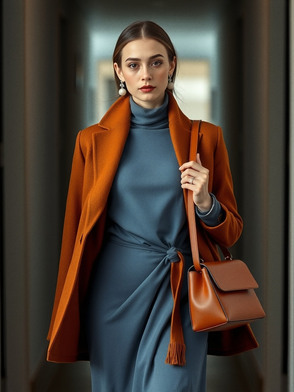 Mannequin associe un col bleu ardoise près du visage à un manteau et un sac terracotta tenus à distance, illustrant où placer les tons chauds tendance