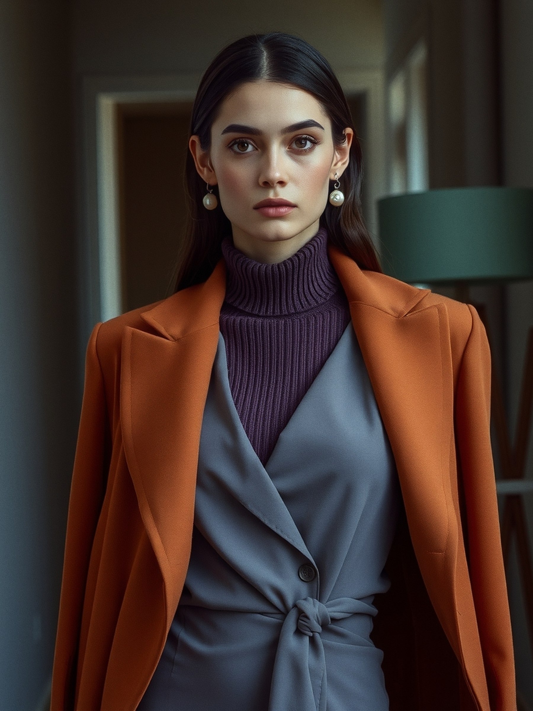 Mannequin au teint froid portant un pull prune près du visage et un manteau terracotta ouvert, photo de mode éditoriale au flash direct