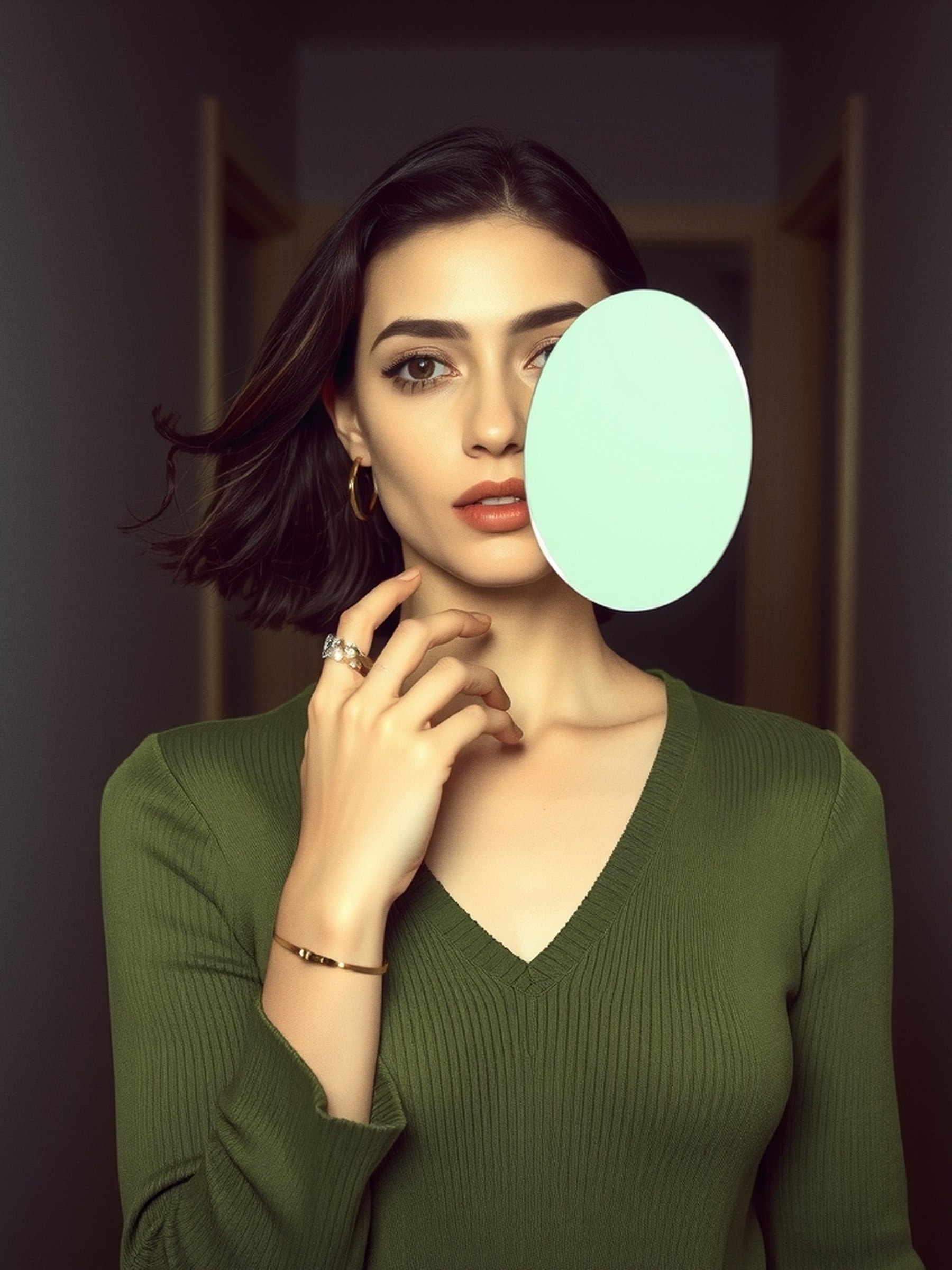 Mannequin de mode comparant un bijou argenté et un bijou doré près du visage, test de sous-ton en colorimétrie.