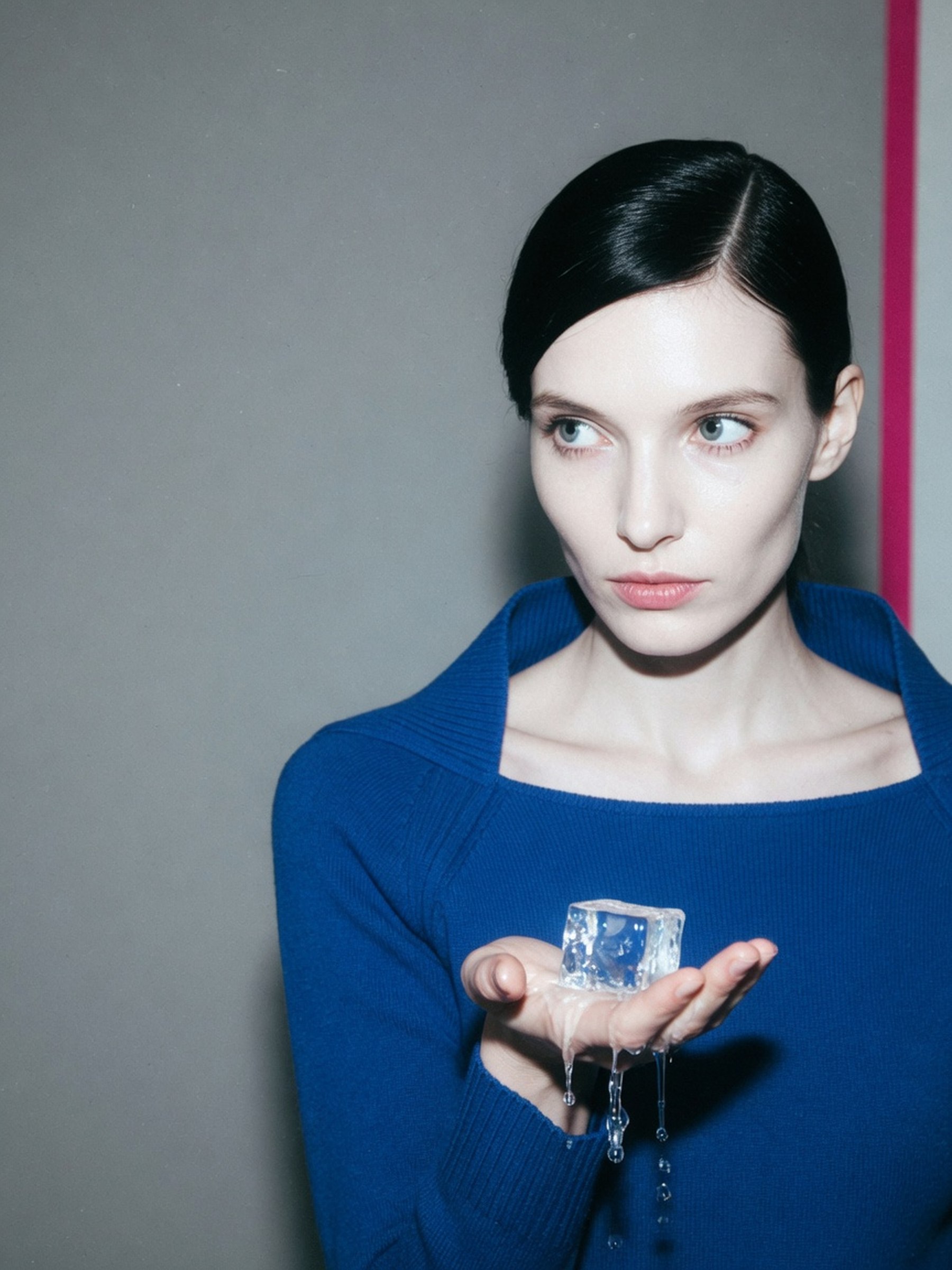 Mannequin au teint clair et aux cheveux foncés portant un pull bleu Klein, maquillage froid, sur fond gris studio