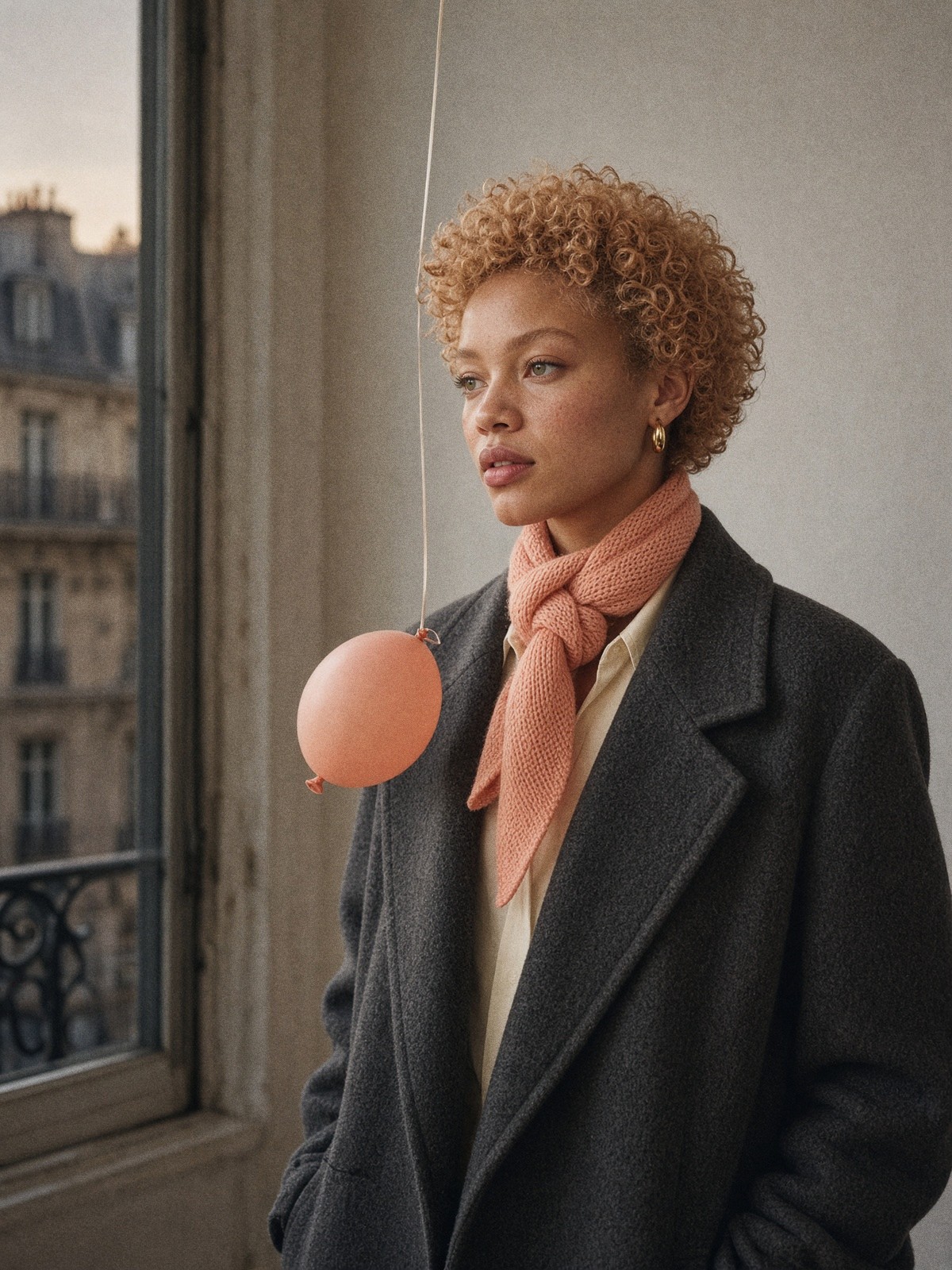 Mannequin en manteau gris chaud, écharpe pêche nouée haut, col de chemise vanille, pantalon et bottes brun foncé