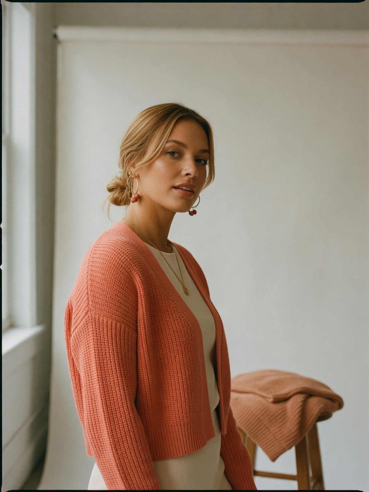 Mannequin en manteau terracotta et bijoux dorés dans un studio nu, palette automne-hiver 2026-2027 adaptée à une colorimétrie printemps.