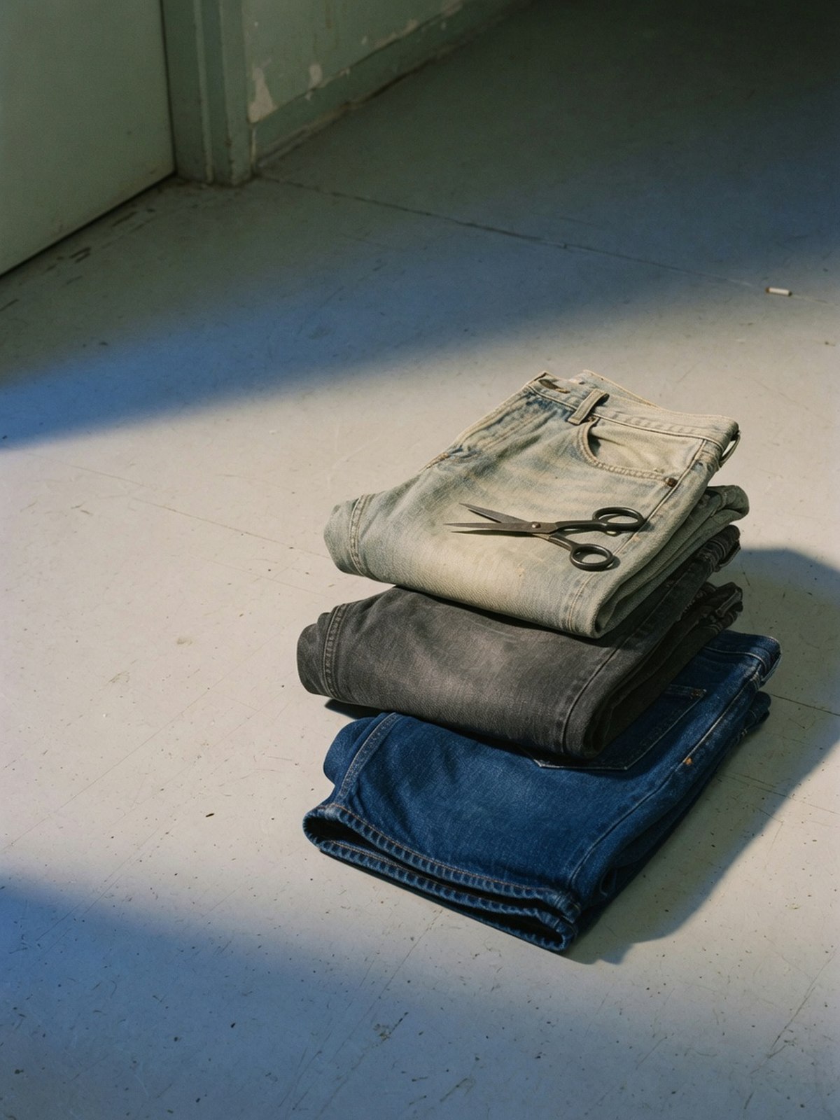 Trois jeans pliés montrant côte à côte les teintes tendance automne-hiver 2026 : indigo profond, gris charbon et délavé vintage nuancé