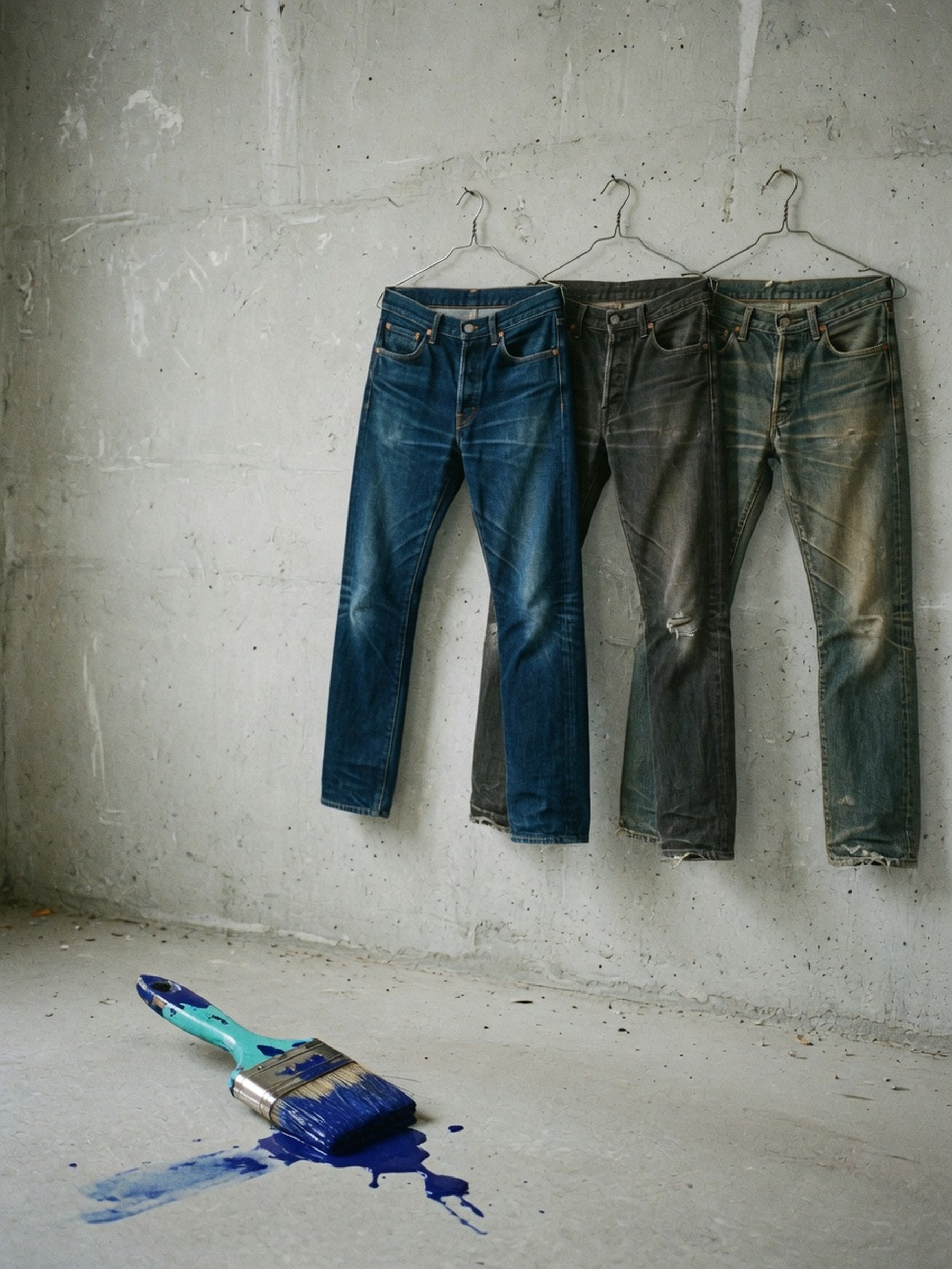 Trois jeans posés côte à côte montrant des teintes de délavage différentes, indigo profond, gris charbon et vintage nuancé, sous une lumière de studio froide